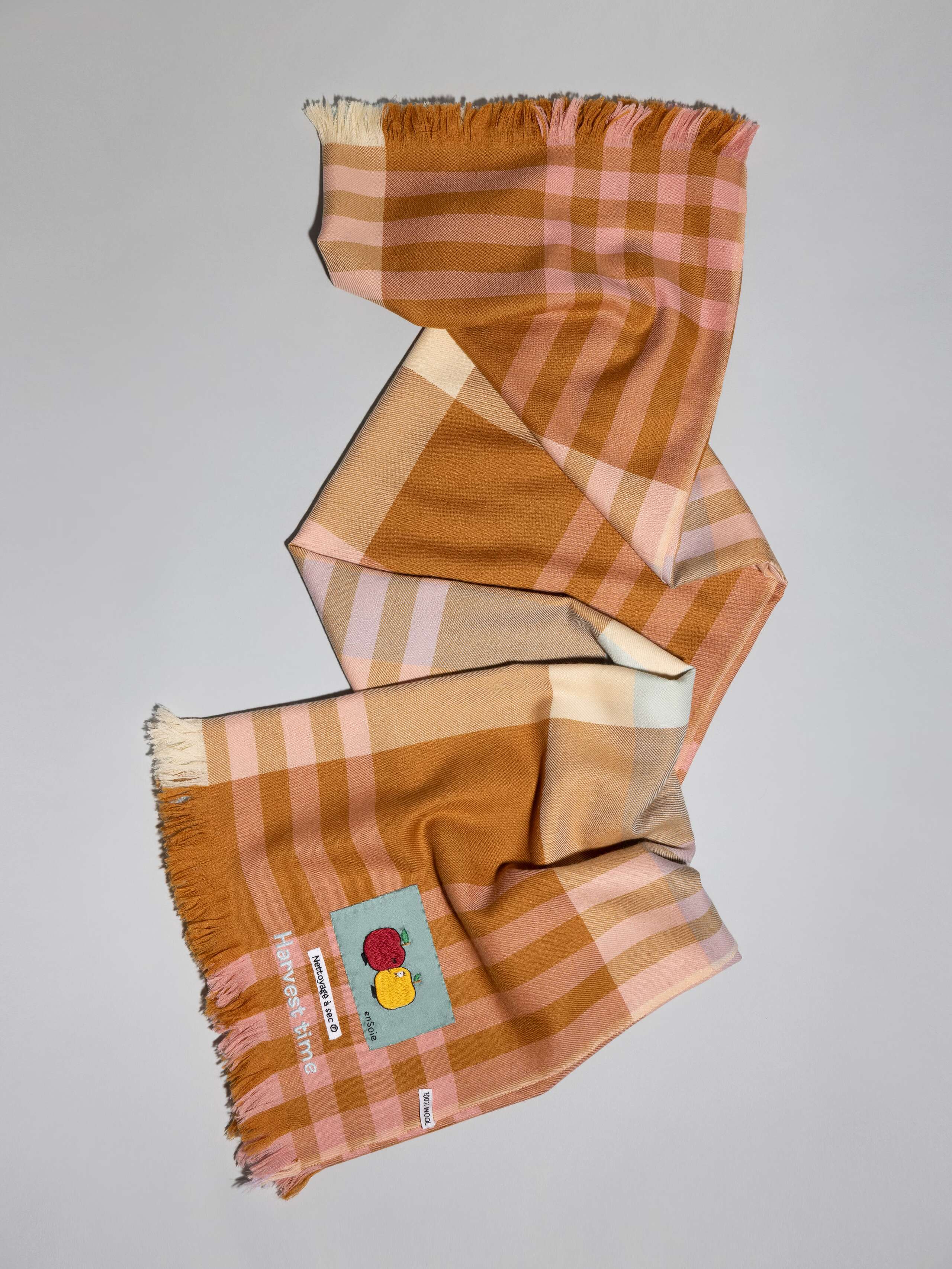 multicolour wool scarf in warm brown rose beige shades with apple embroidery