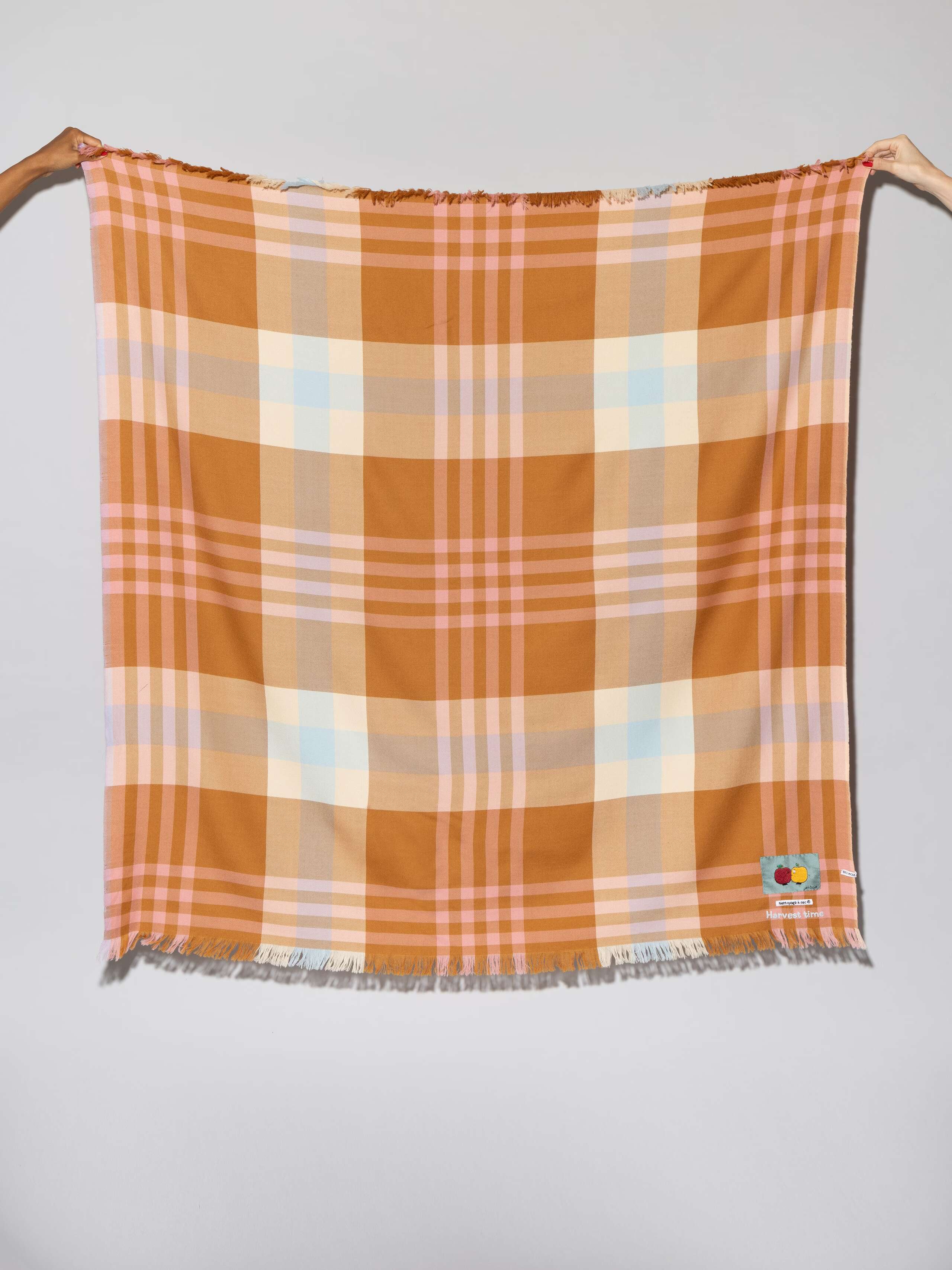 multicolour wool scarf in warm brown rose beige shades with apple embroidery