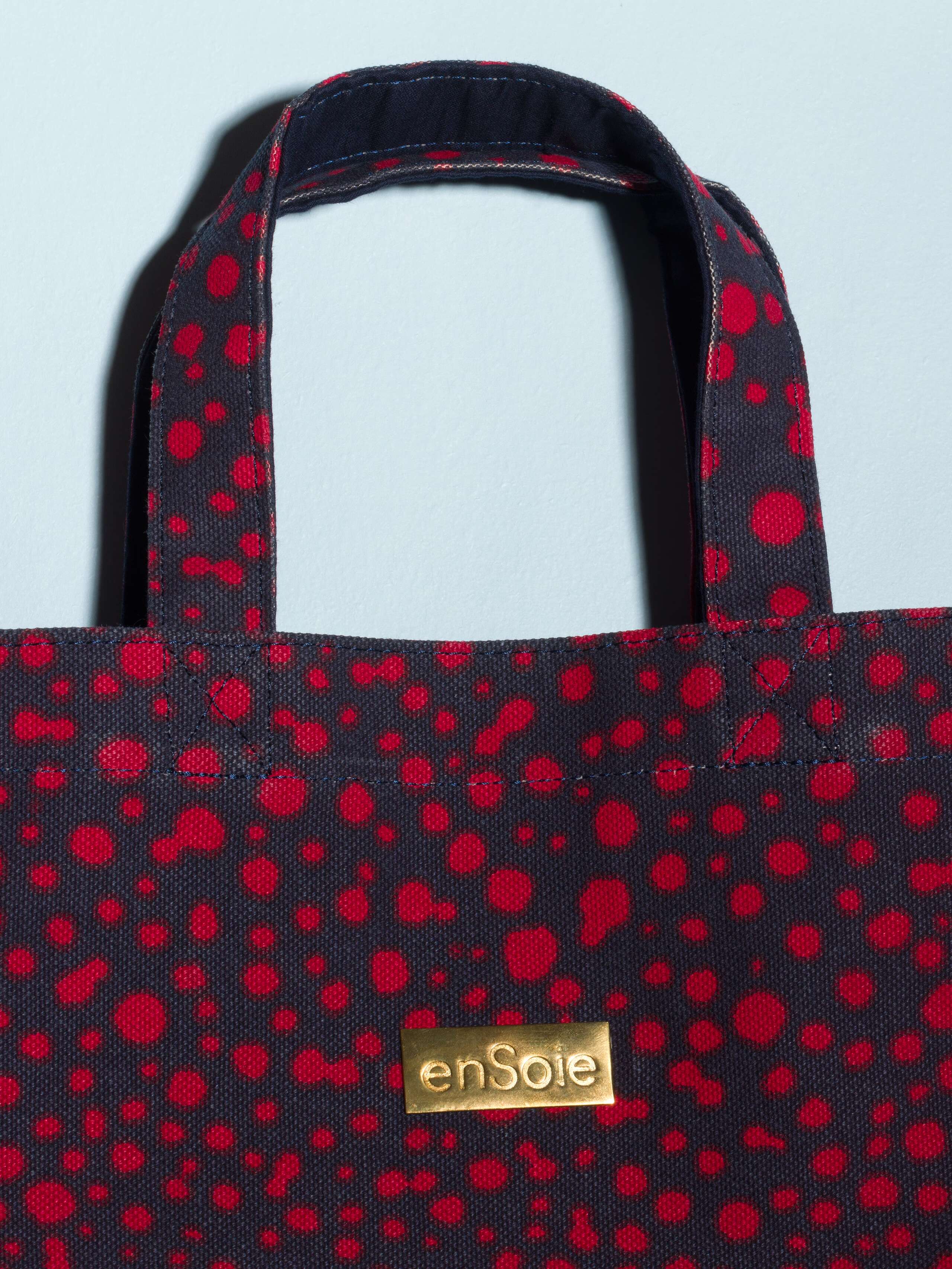 canvas shopper bag model cabas leo print navy blue with red dots brass details size large