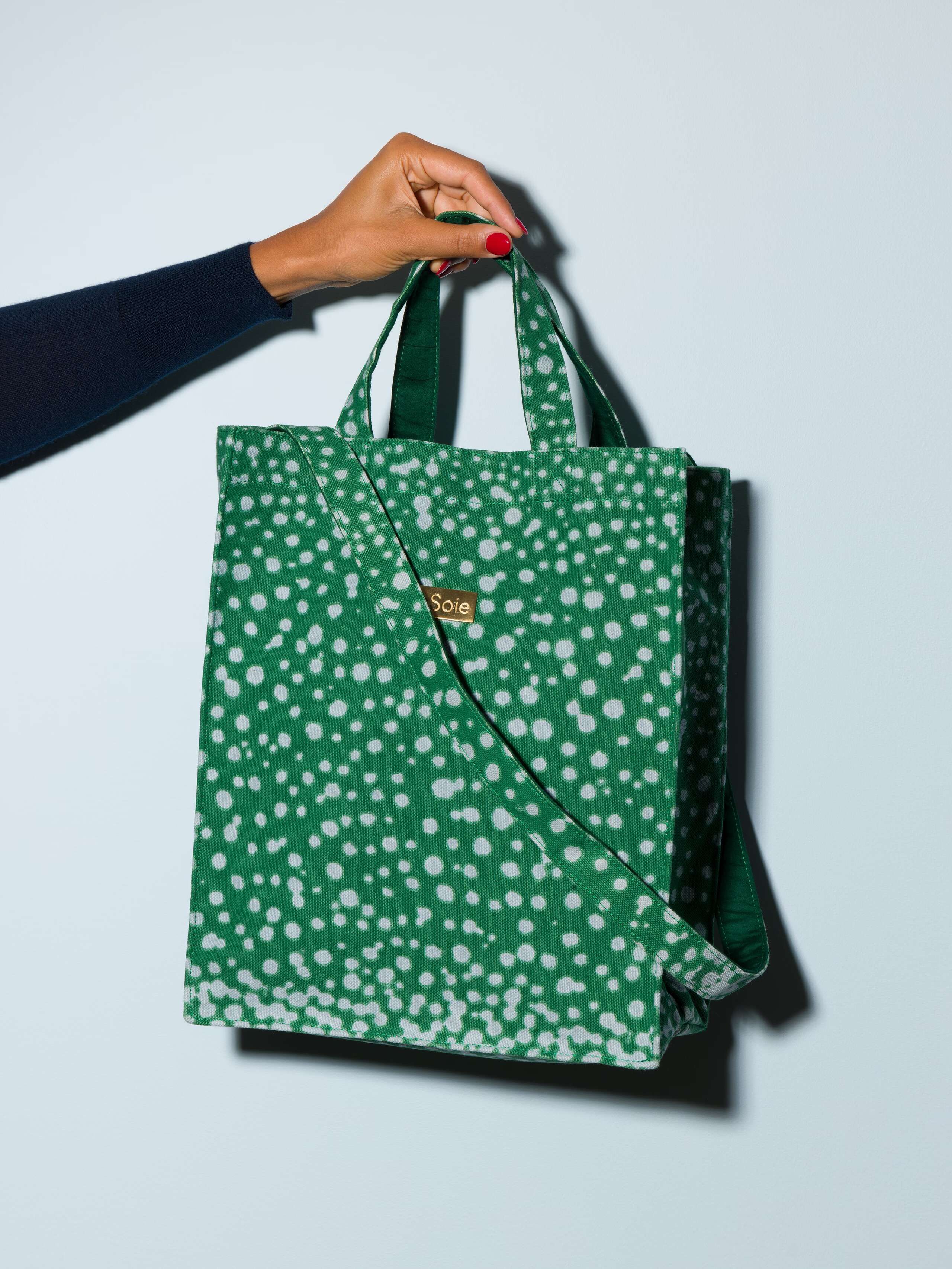 shopper bag model cabas leo print green with light blue dots medium size