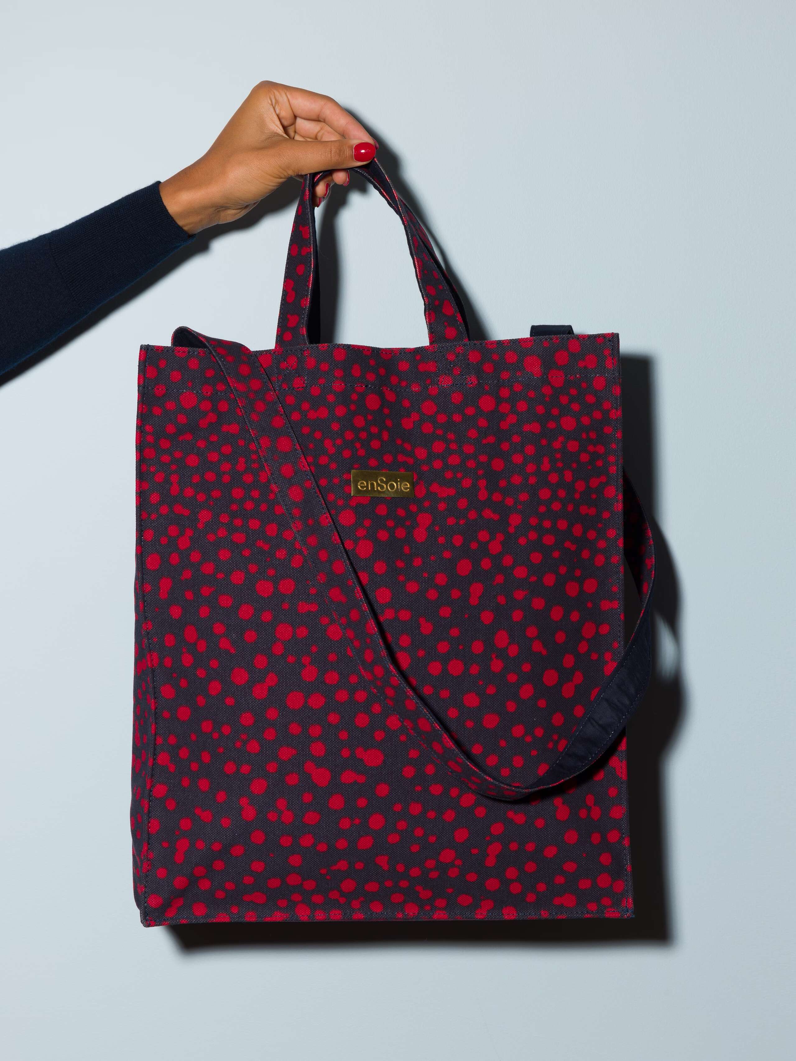 canvas shopper bag model cabas leo print navy blue with red dots large size