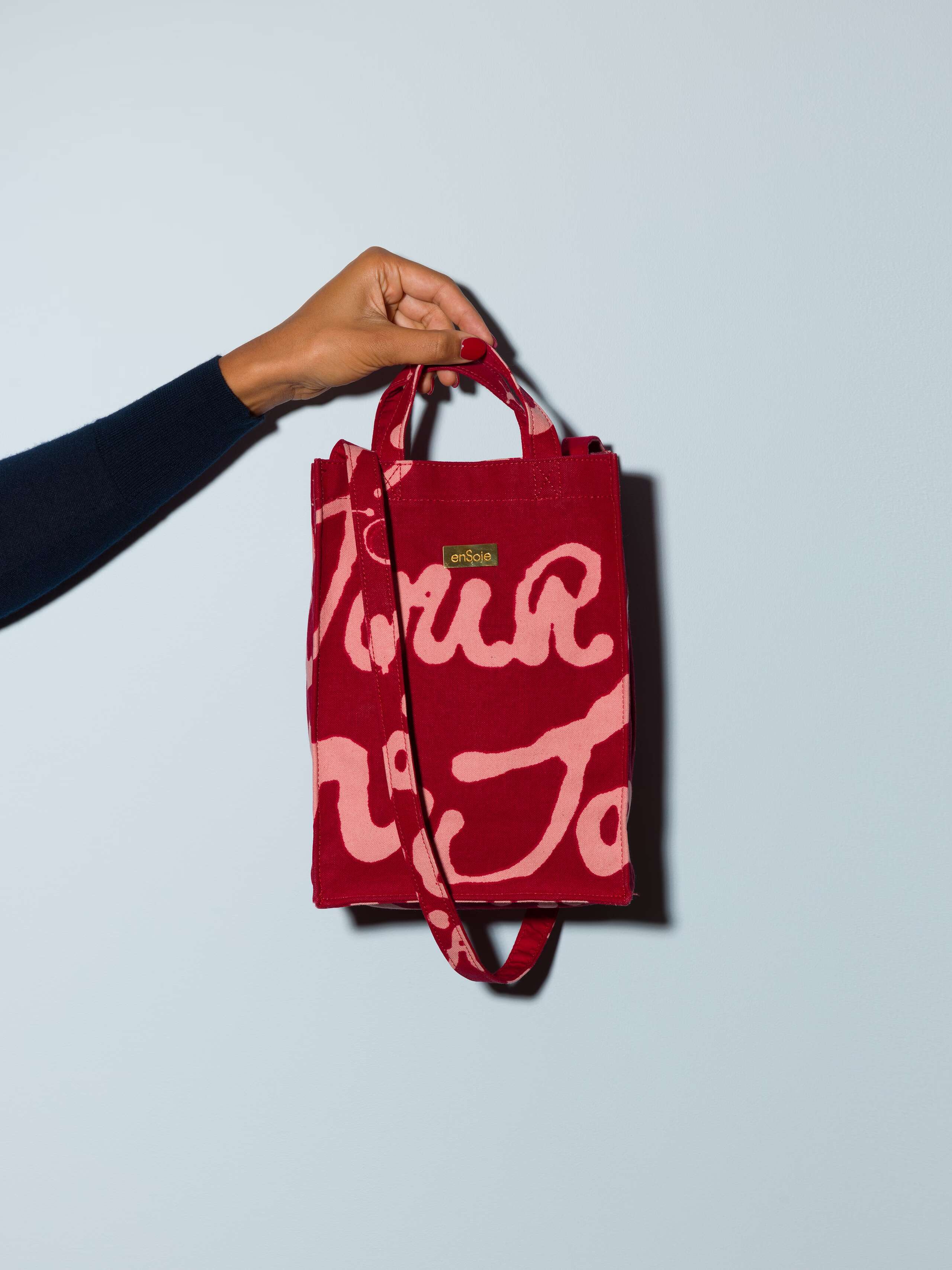 canvas shopper bag model cabas proverb print red with pink text small size
