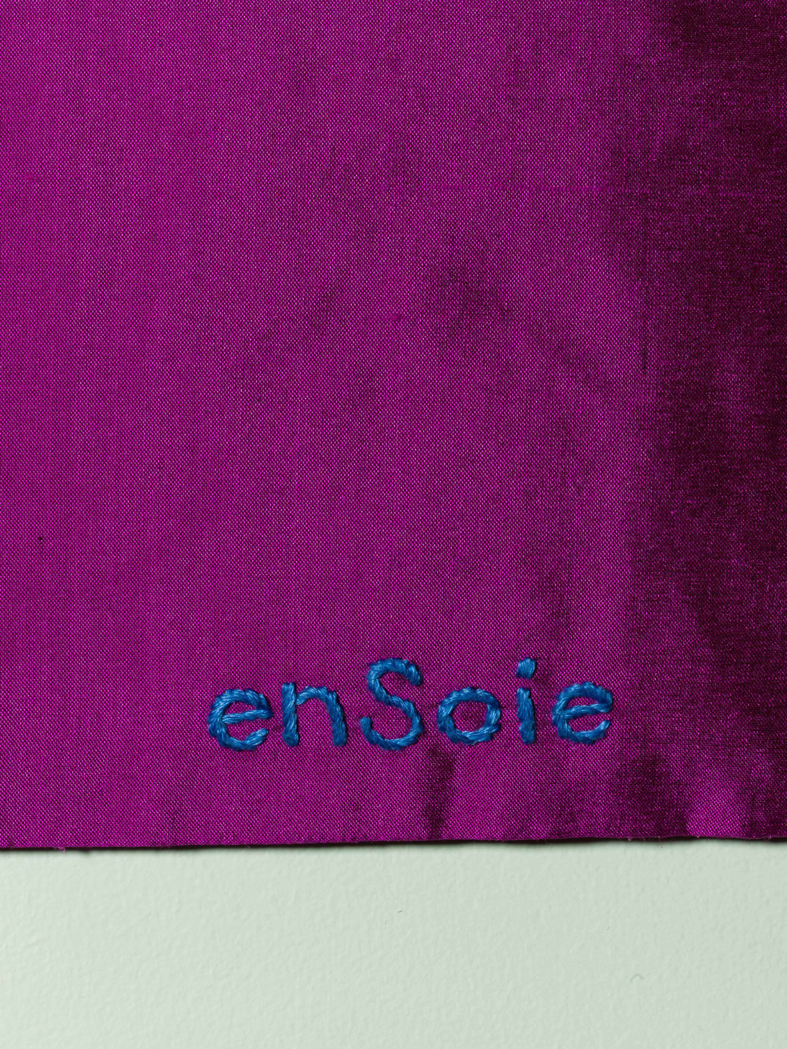 Beautiful silk clutch, Love rules forever embroidery enSoie embroidery, blue embroidery on glossy purple silk