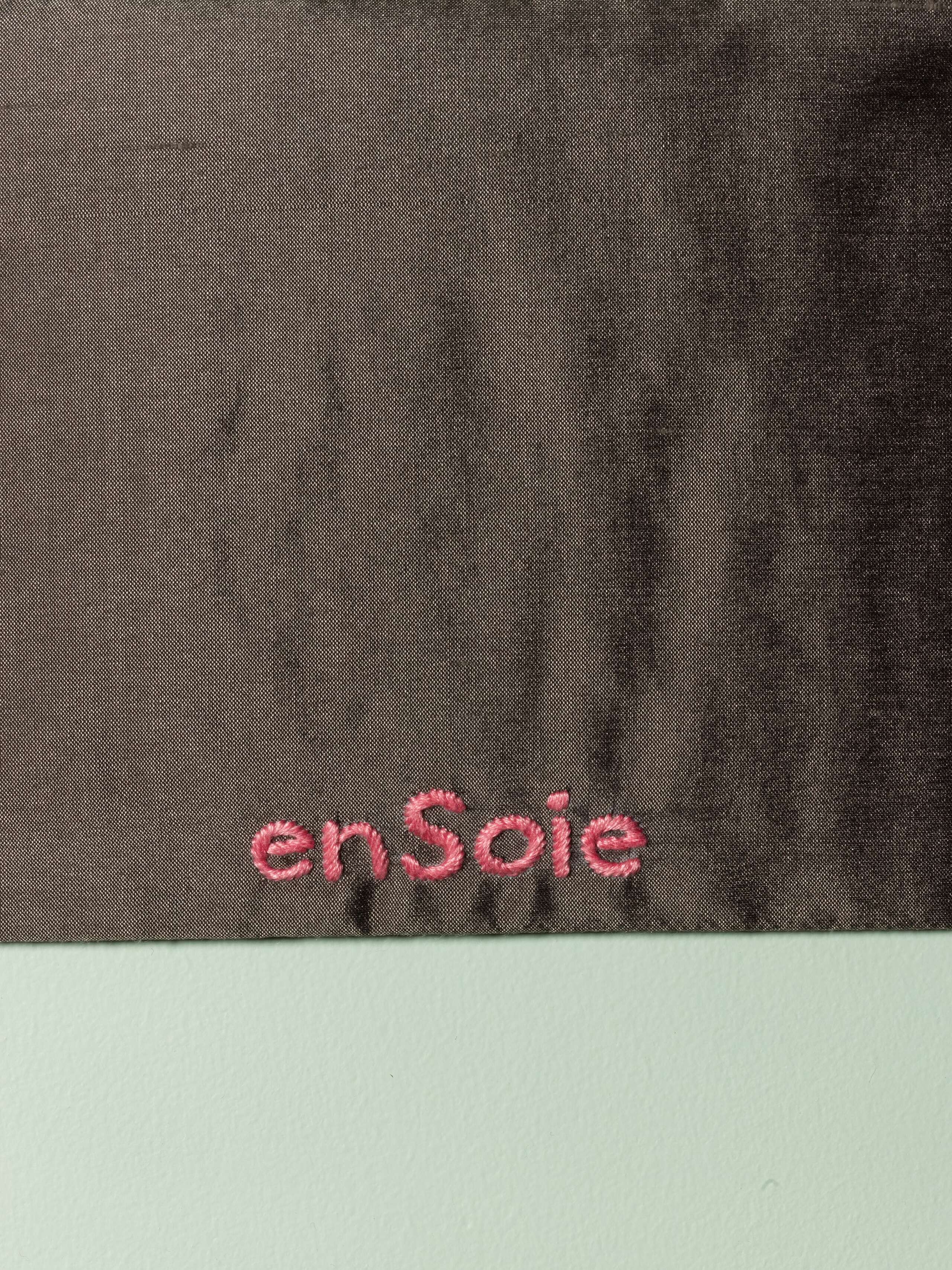 Beautiful silk clutch, Love rules forever embroidery enSoie embroidery, pink embroidery on glossy grey silk