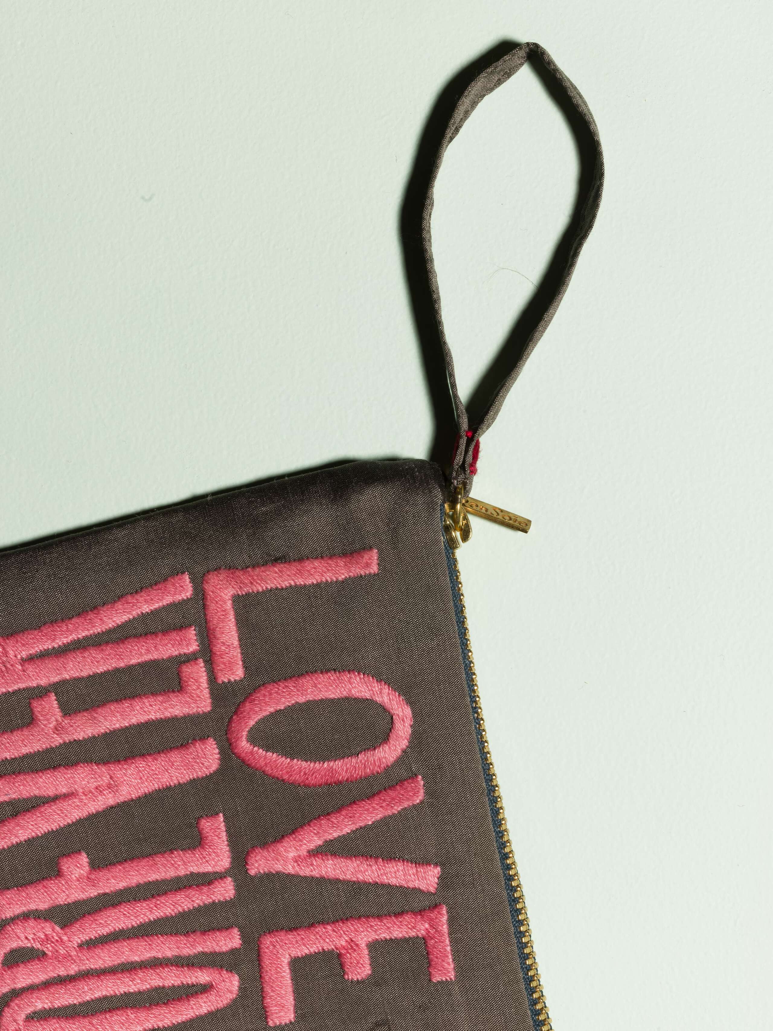 Beautiful silk clutch, Love rules forever embroidery enSoie embroidery, pink embroidery on glossy grey silk