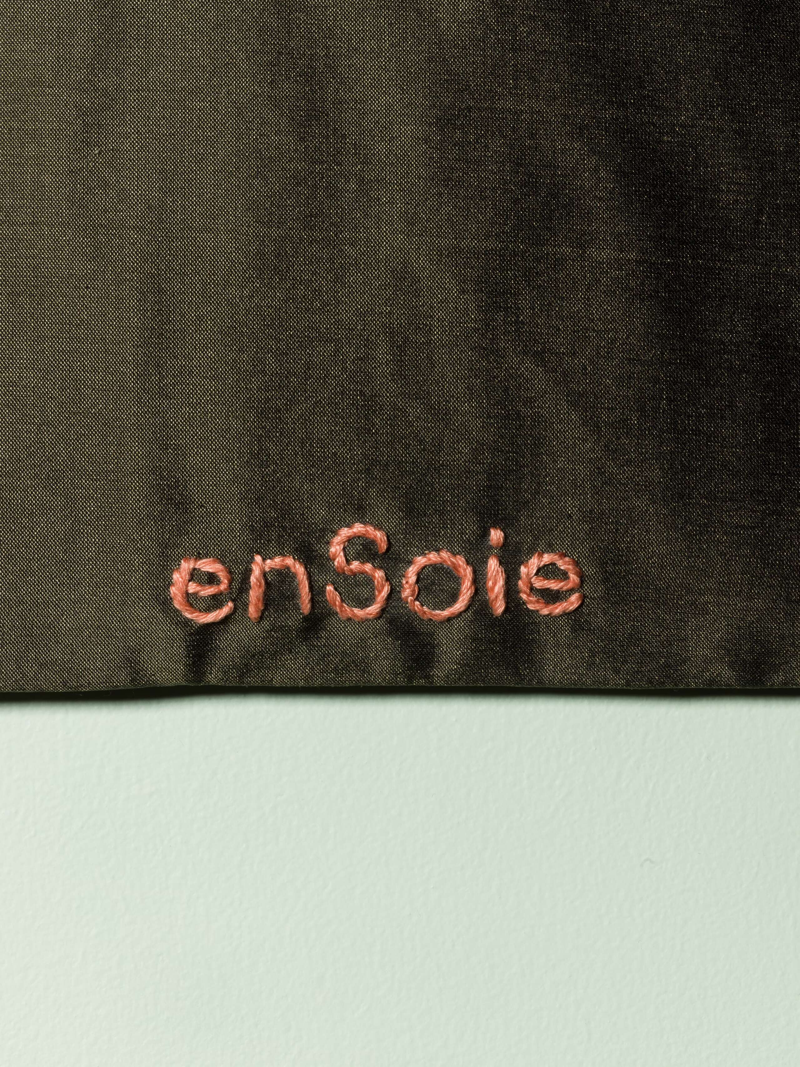 Beautiful silk clutch, Love rules forever embroidery enSoie embroidery, pink embroidery on glossy green grey silk