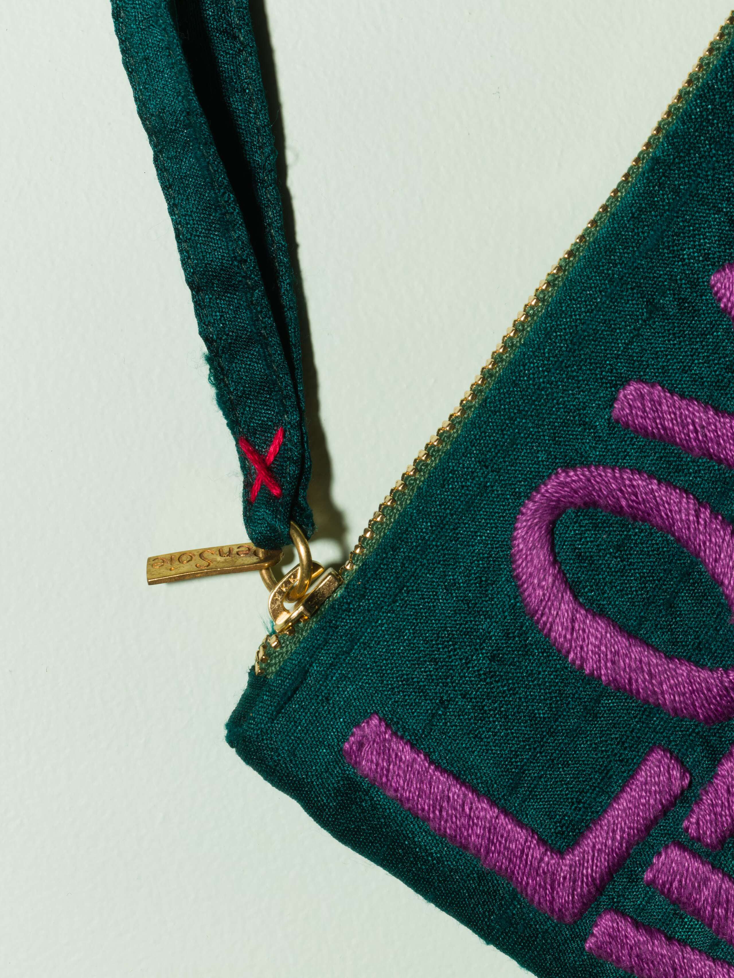 Beautiful silk clutch, Love rules forever embroidery enSoie embroidery, purple embroidery on glossy dark green silk