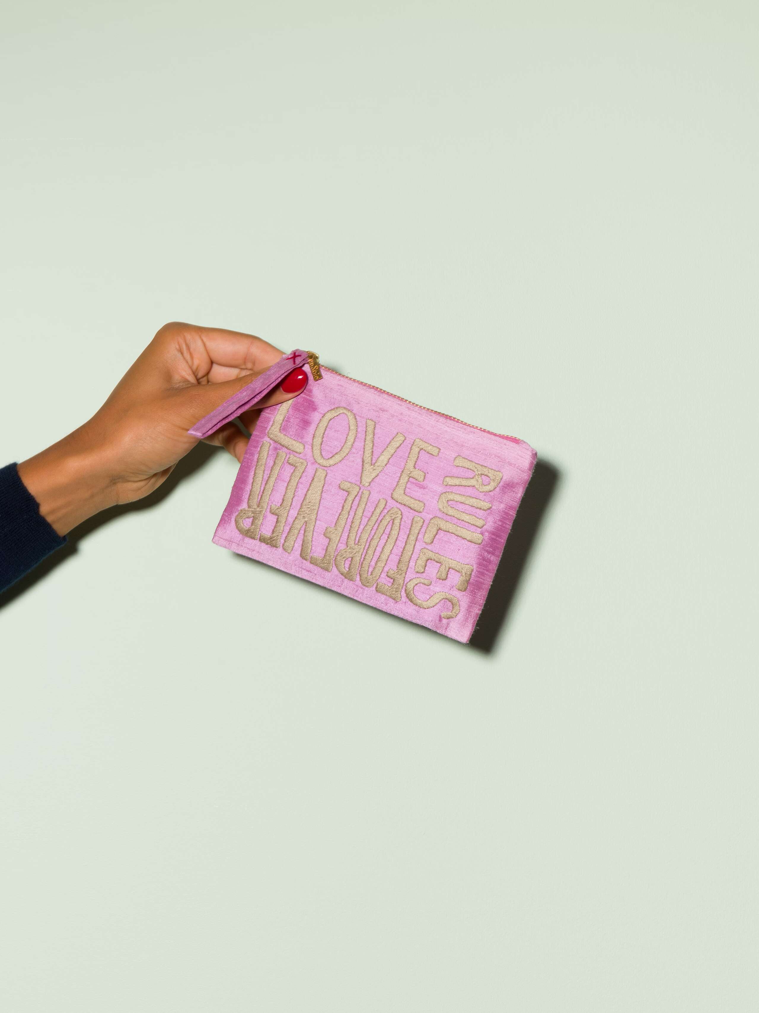 Beautiful silk clutch, Love rules forever embroidery enSoie embroidery, pink pale purple