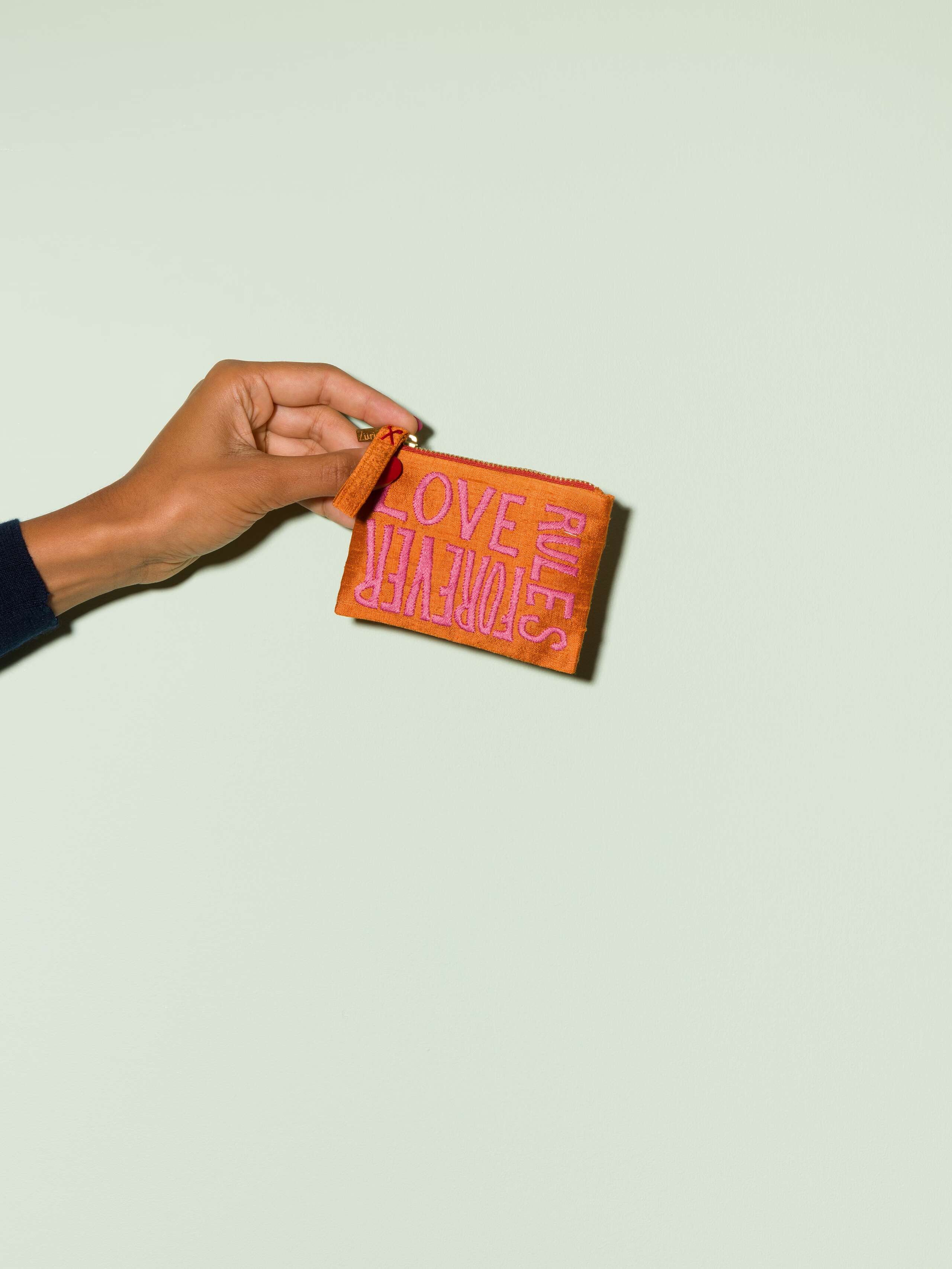Beautiful silk clutch, Love rules forever embroidery enSoie embroidery, pink with orange silk