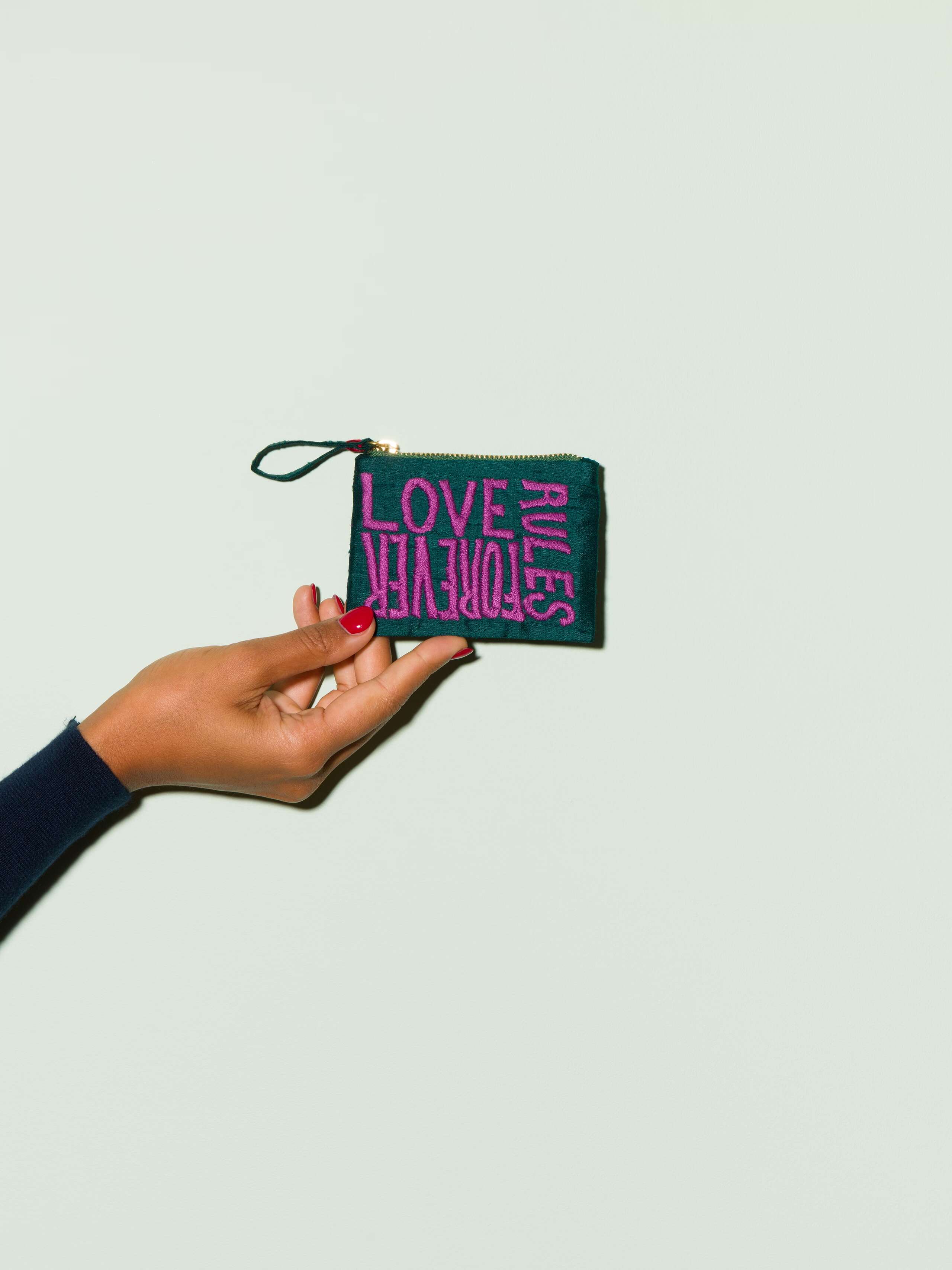 Beautiful silk clutch, Love rules forever embroidery enSoie embroidery, purple embroidery on glossy dark green silk