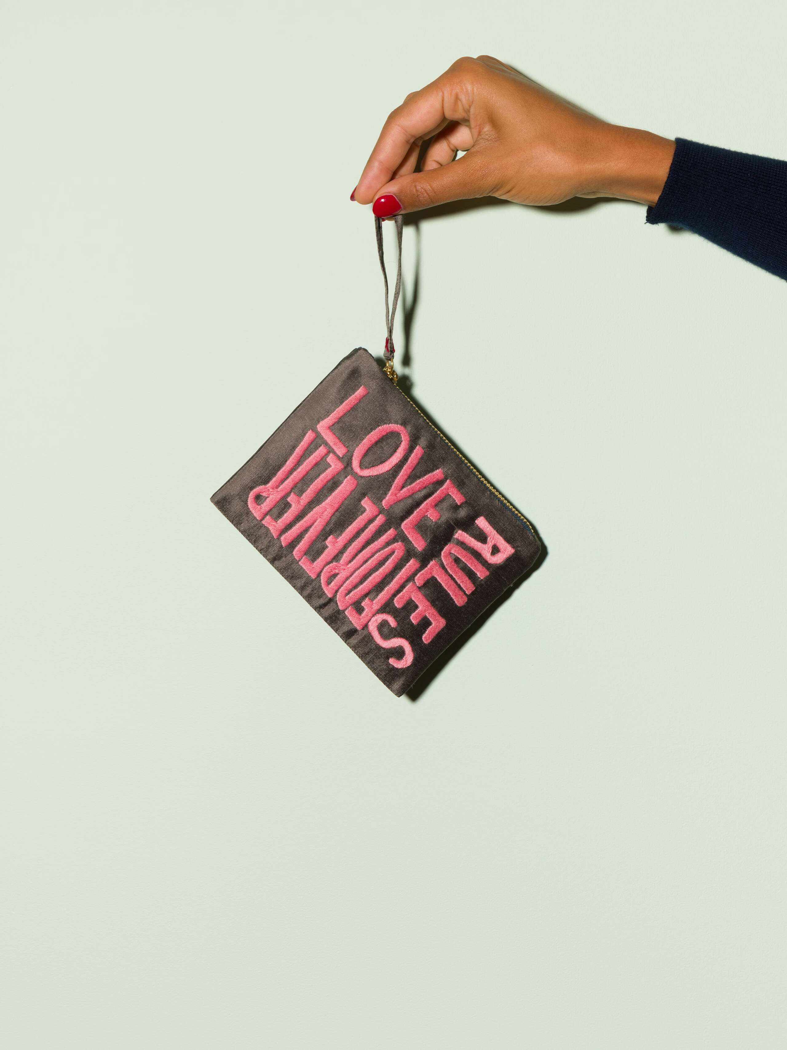 Beautiful silk clutch, Love rules forever embroidery enSoie embroidery, pink embroidery on glossy grey silk