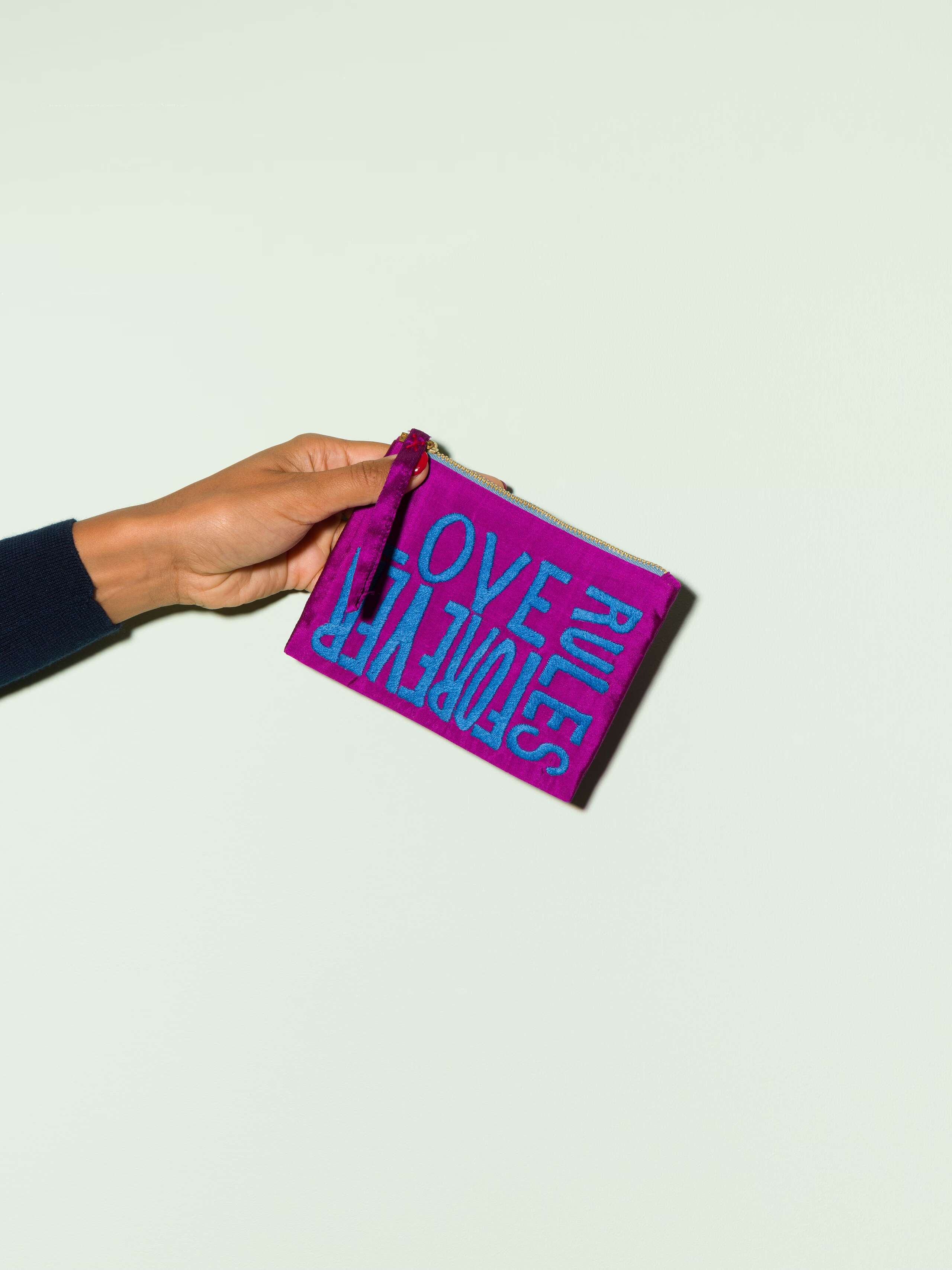 Beautiful silk clutch, Love rules forever embroidery enSoie embroidery, blue embroidery on glossy purple silk