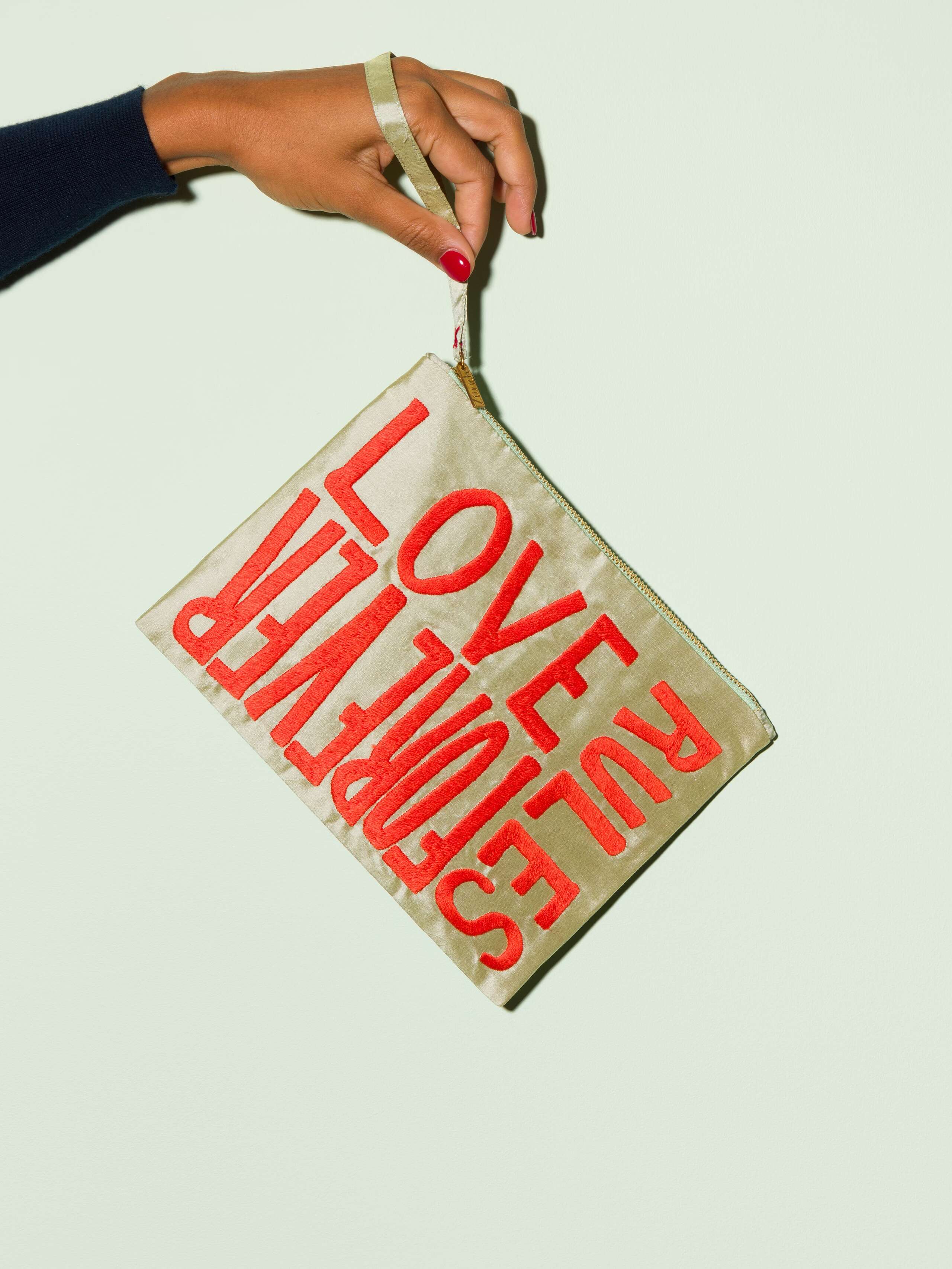 Beautiful silk clutch, Love rules forever embroidery enSoie embroidery, red embroidery on glossy pistache silk