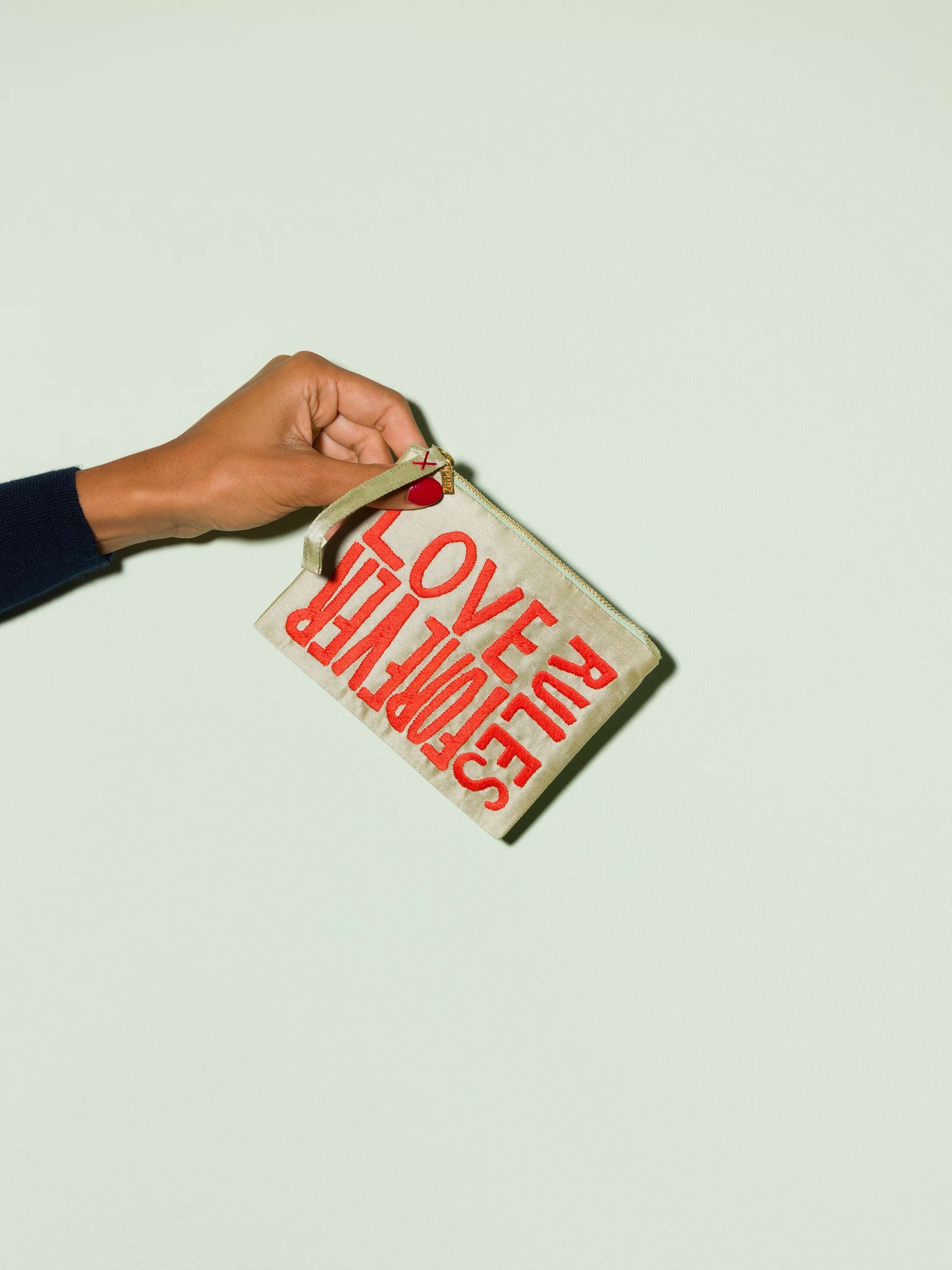Beautiful silk clutch, Love rules forever embroidery enSoie embroidery, red embroidery on glossy pistache silk
