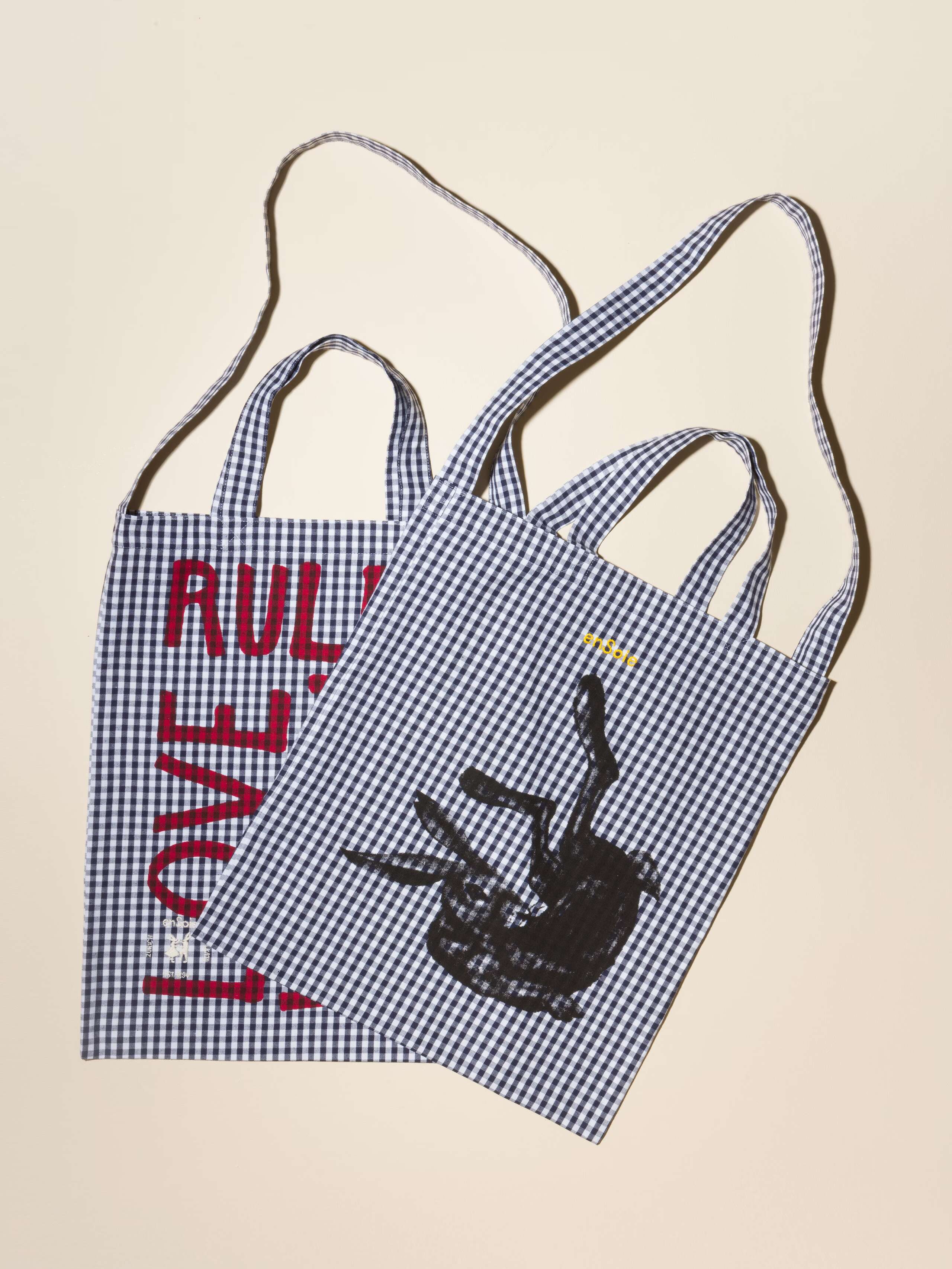 Carry all tote bag vichy hand-screenprinted with love rules forever or rabbit and enSoie embroidery in contrasting colours Navy vichy cotton fabric