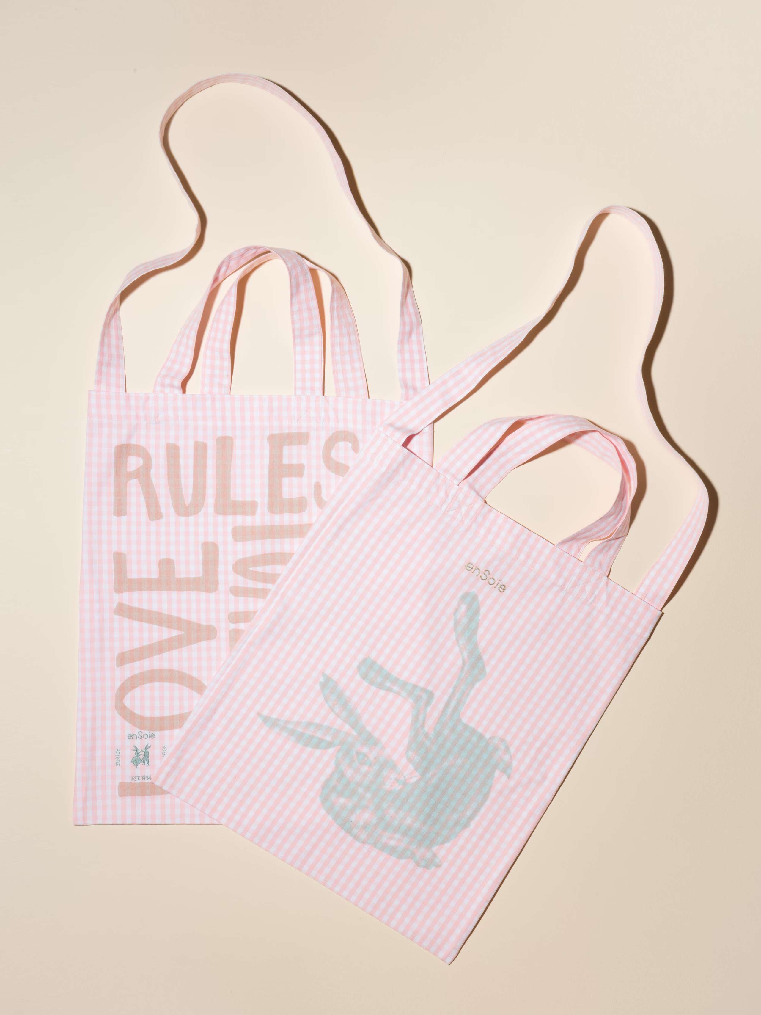 Carry all tote bag vichy hand-screenprinted with love rules forever or rabbit and enSoie embroidery in contrasting colours Pink vichy cotton fabric