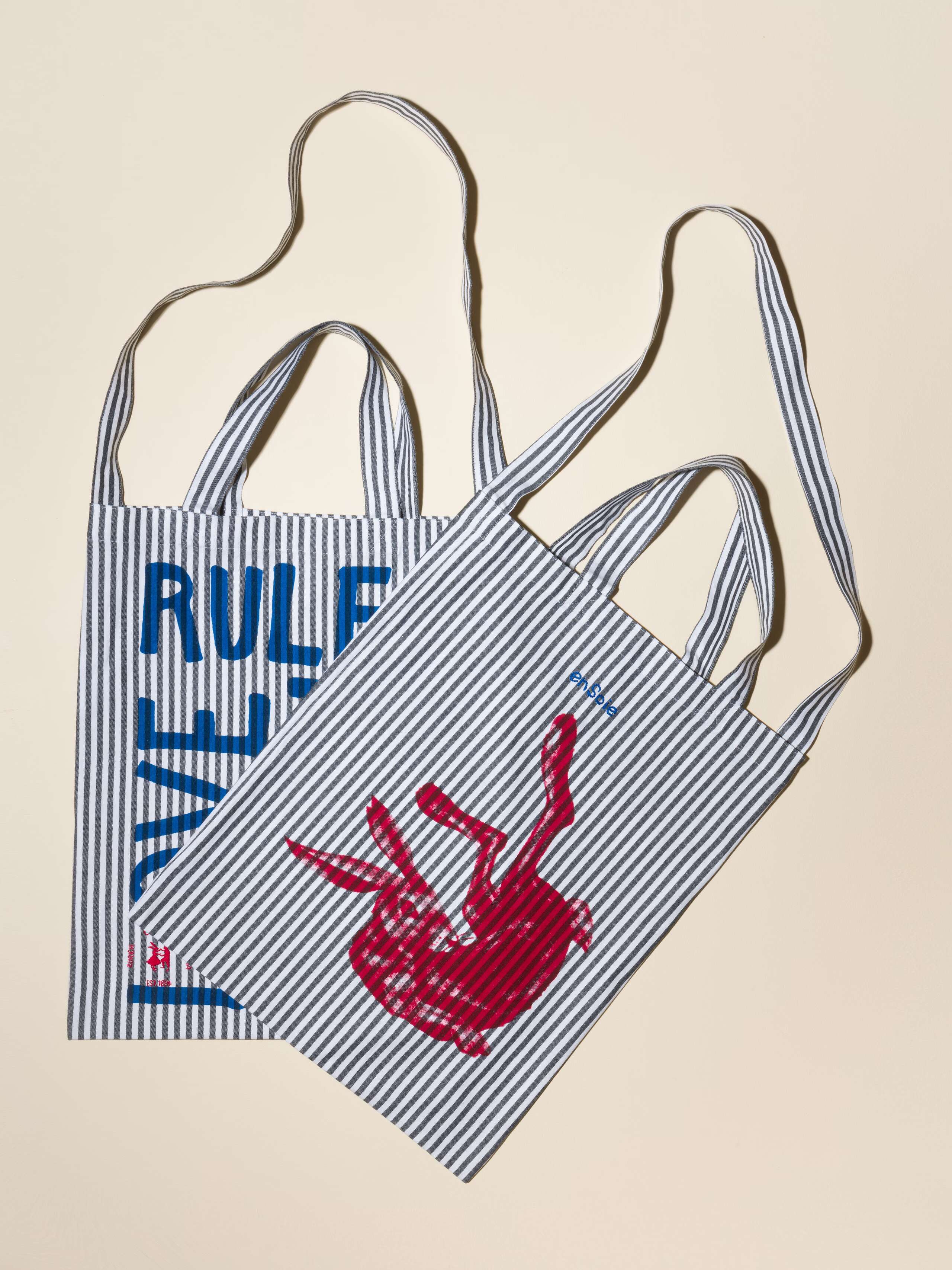Carry all tote bag striped hand-screenprinted with love rules forever or rabbit and enSoie embroidery in contrasting colours Black striped cotton fabric