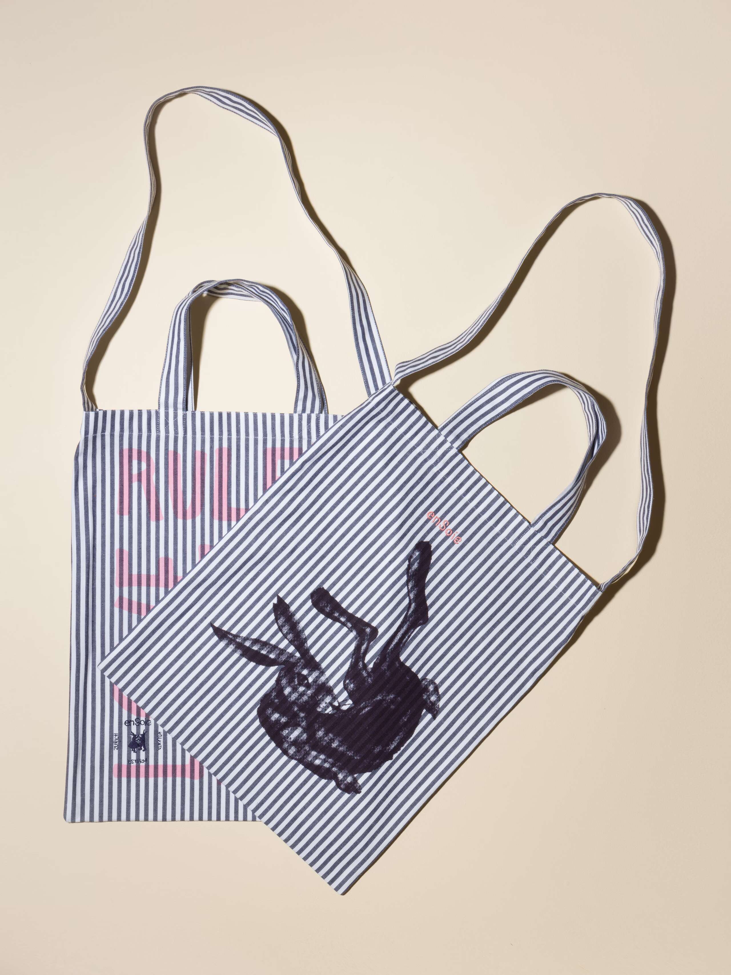 Carry all tote bag striped hand-screenprinted with love rules forever or rabbit and enSoie embroidery in contrasting colours Navy striped cotton fabric