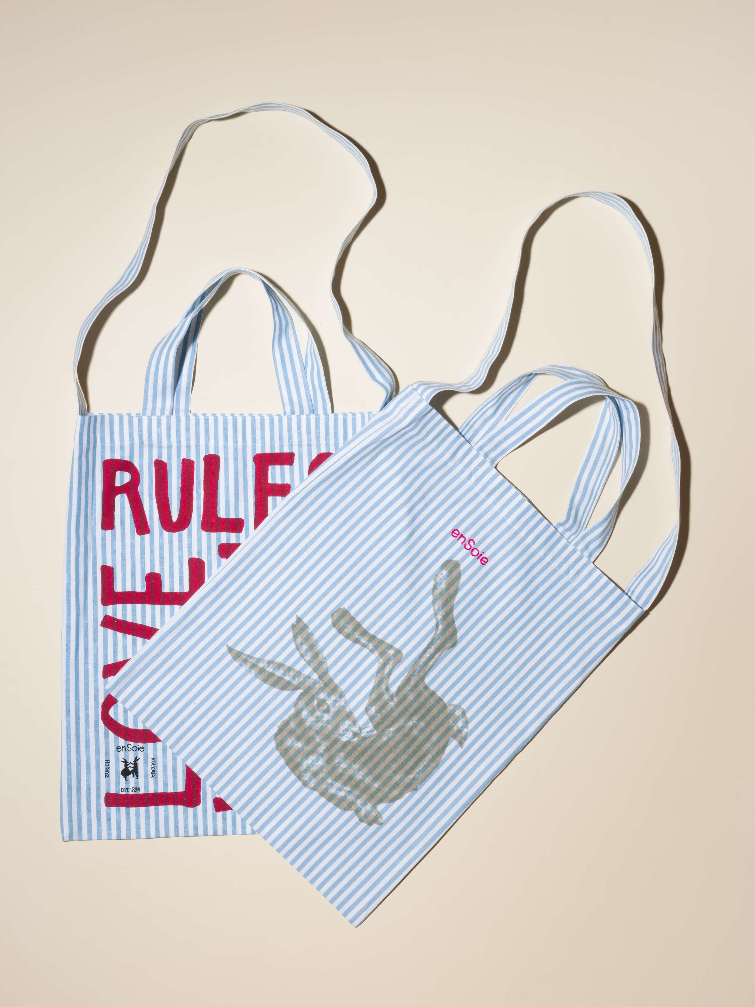 Carry all tote bag striped hand-screenprinted with love rules forever or rabbit and enSoie embroidery in contrasting colours Light blue striped cotton fabric
