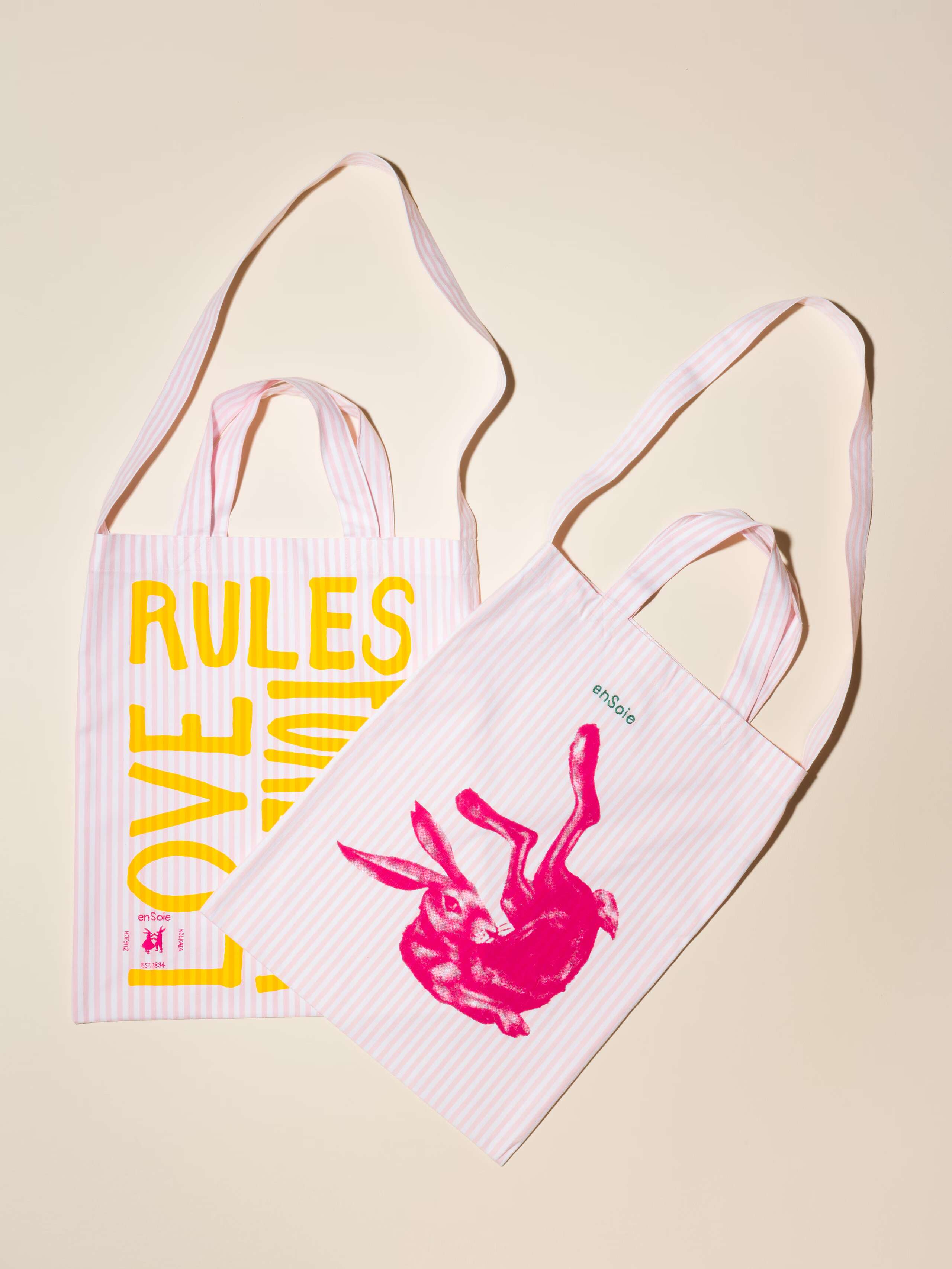 Carry all tote bag striped hand-screenprinted with love rules forever or rabbit and enSoie embroidery in contrasting colours pink striped cotton fabric