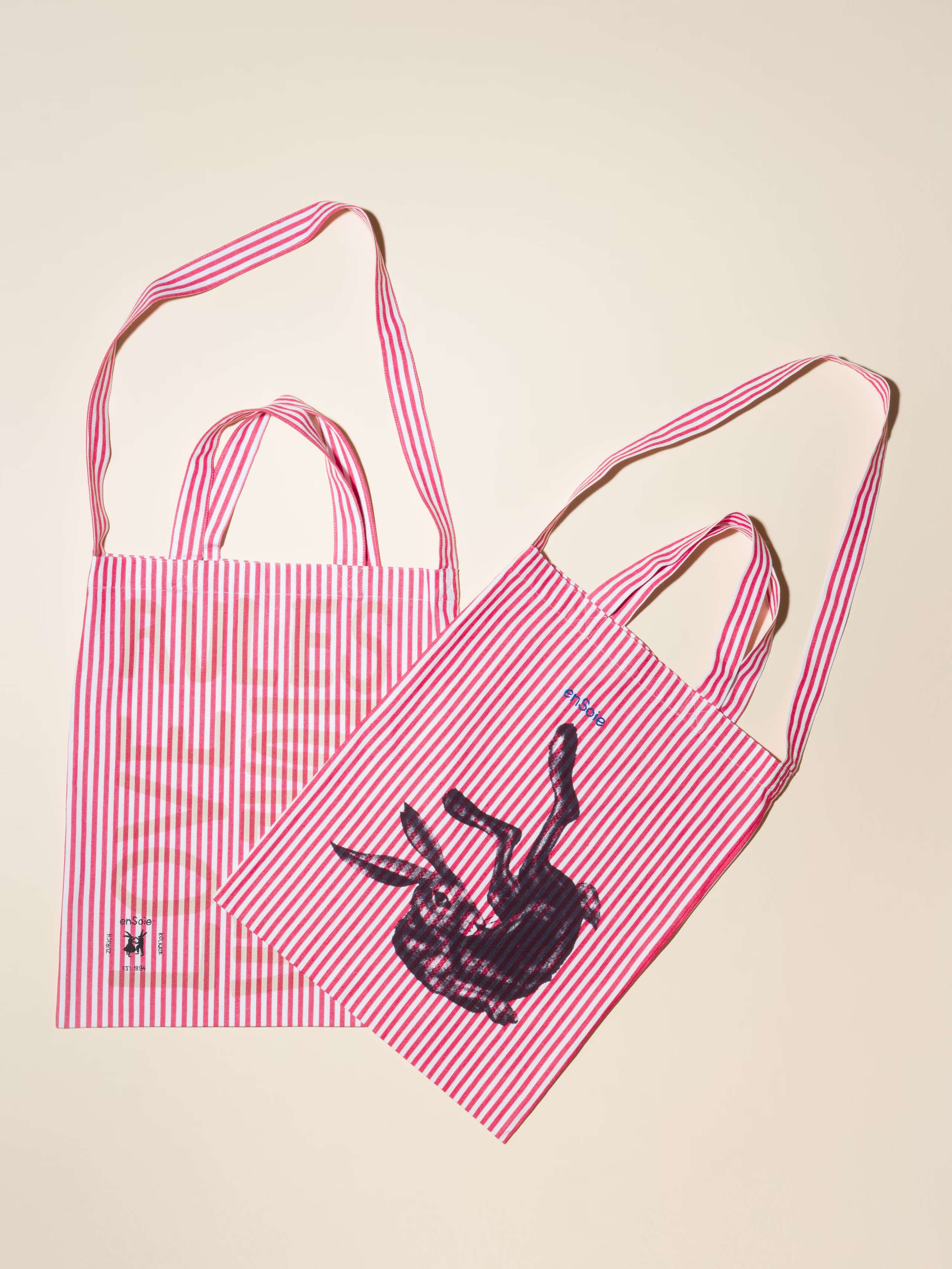 Carry all tote bag striped hand-screenprinted with love rules forever or rabbit and enSoie embroidery in contrasting colours red striped cotton fabric
