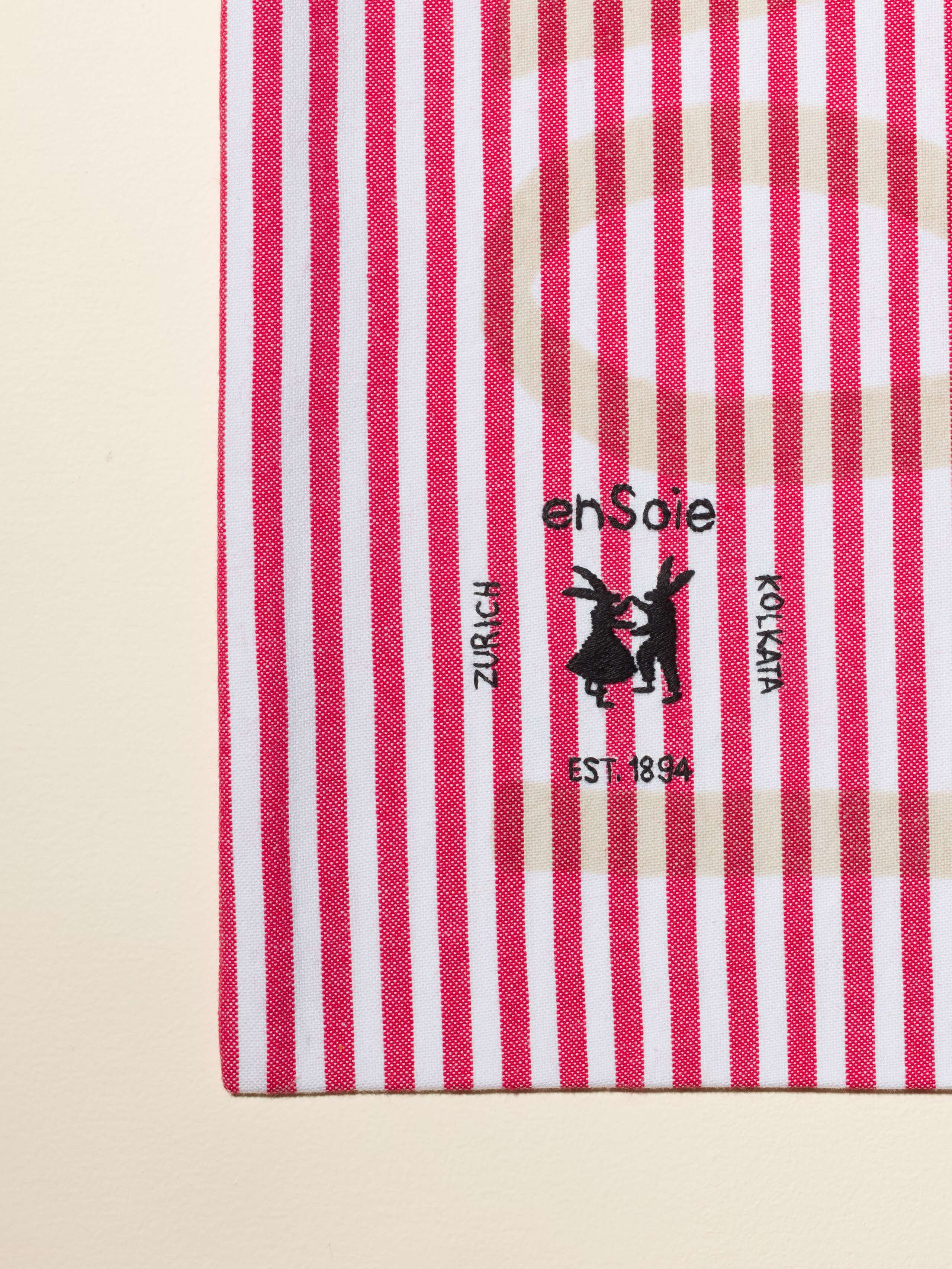 Carry all tote bag striped hand-screenprinted with love rules forever and enSoie embroidery in contrasting colours red striped cotton fabric