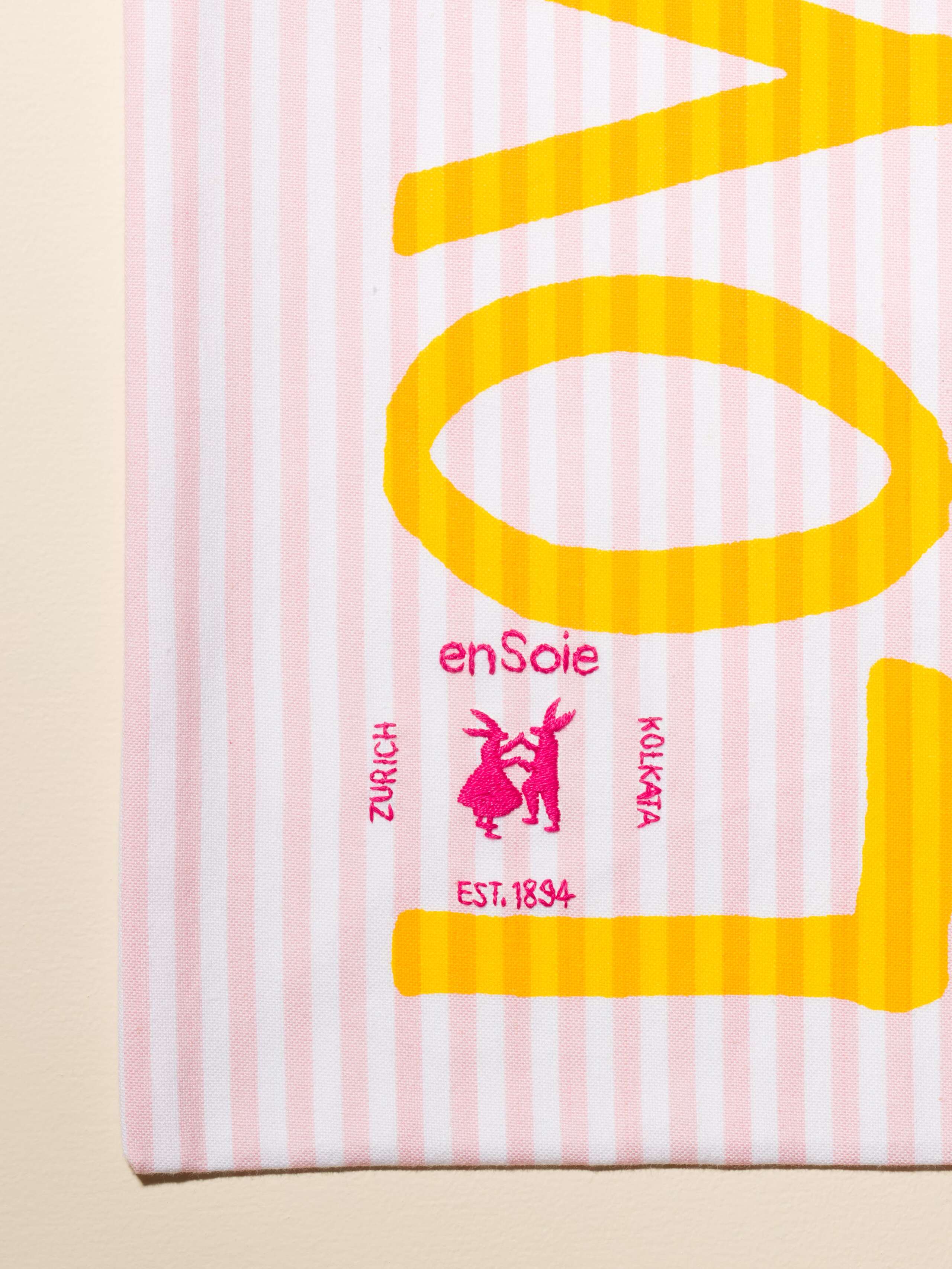 Carry all tote bag striped hand-screenprinted with love rules forever and enSoie embroidery in contrasting colours pink striped cotton fabric