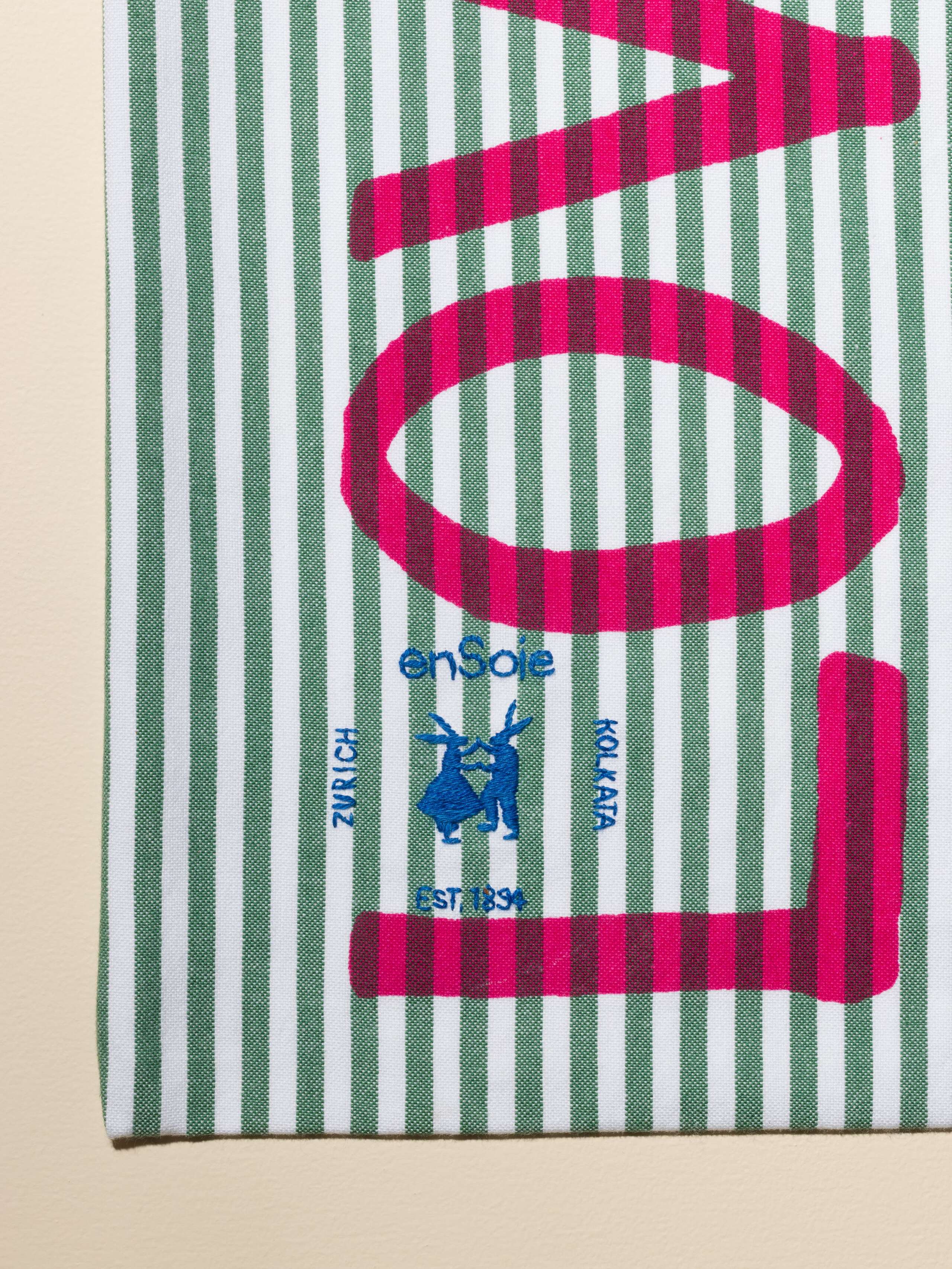 Carry all tote bag striped hand-screenprinted with love rules forever and enSoie embroidery in contrasting colours green striped cotton fabric
