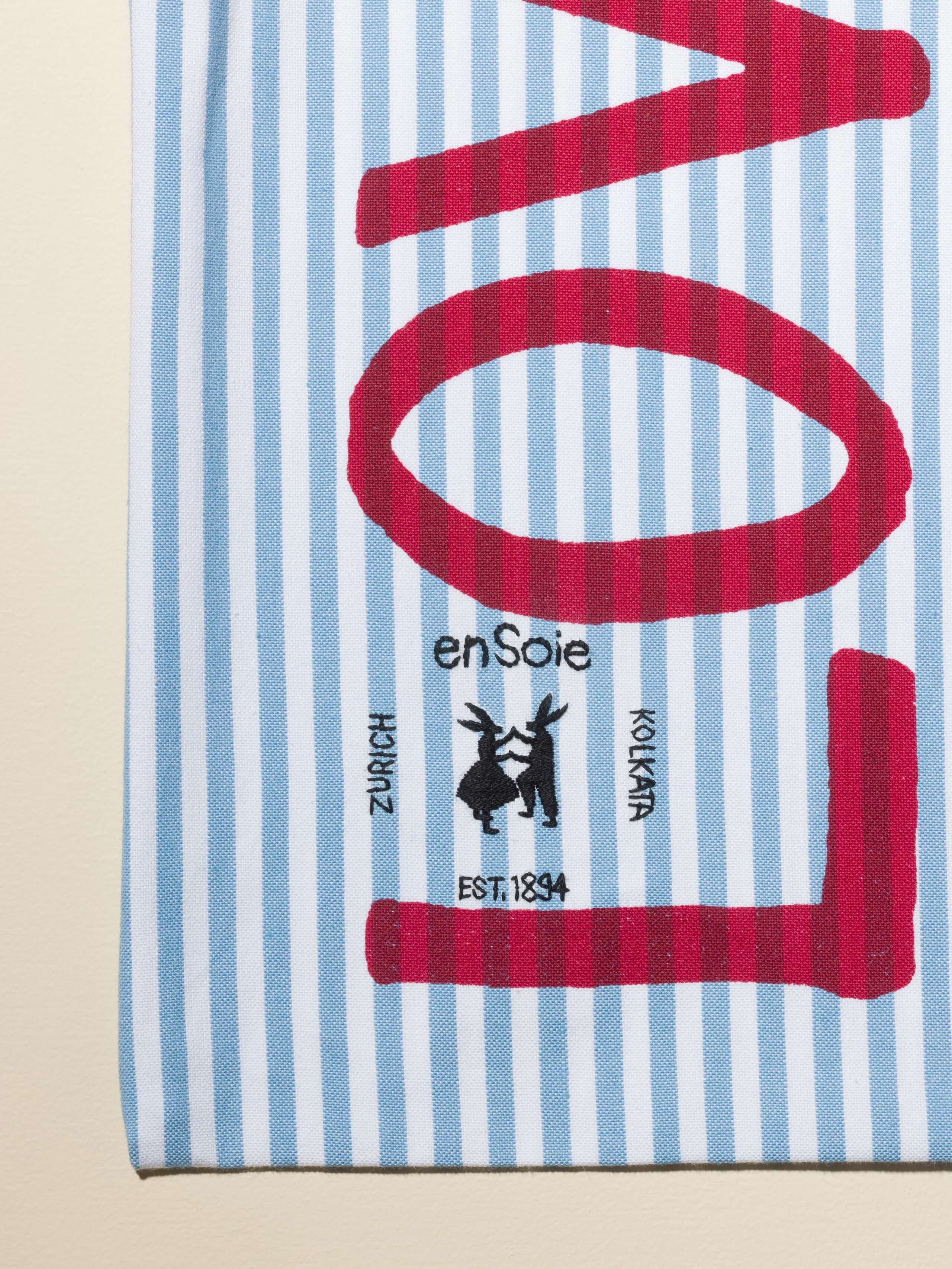Carry all tote bag striped hand-screenprinted with love rules forever and enSoie embroidery in contrasting colours light blue striped cotton fabric