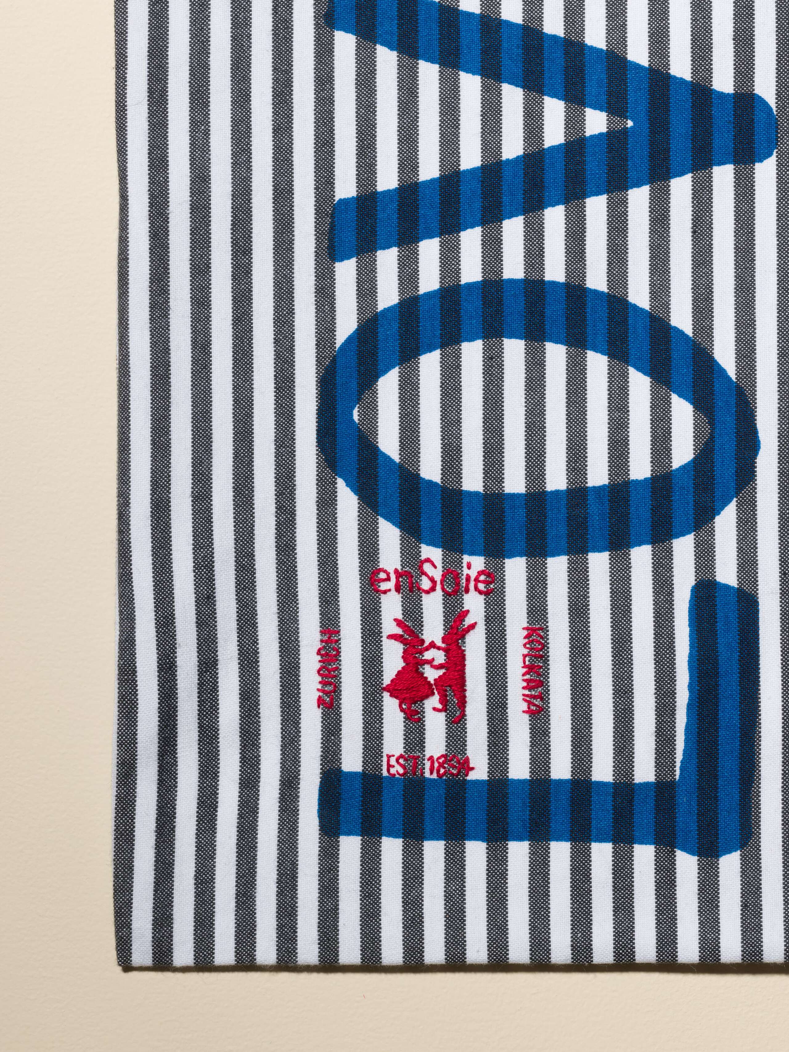 Carry all tote bag striped hand-screenprinted with love rules forever and enSoie embroidery in contrasting colours black striped cotton fabric