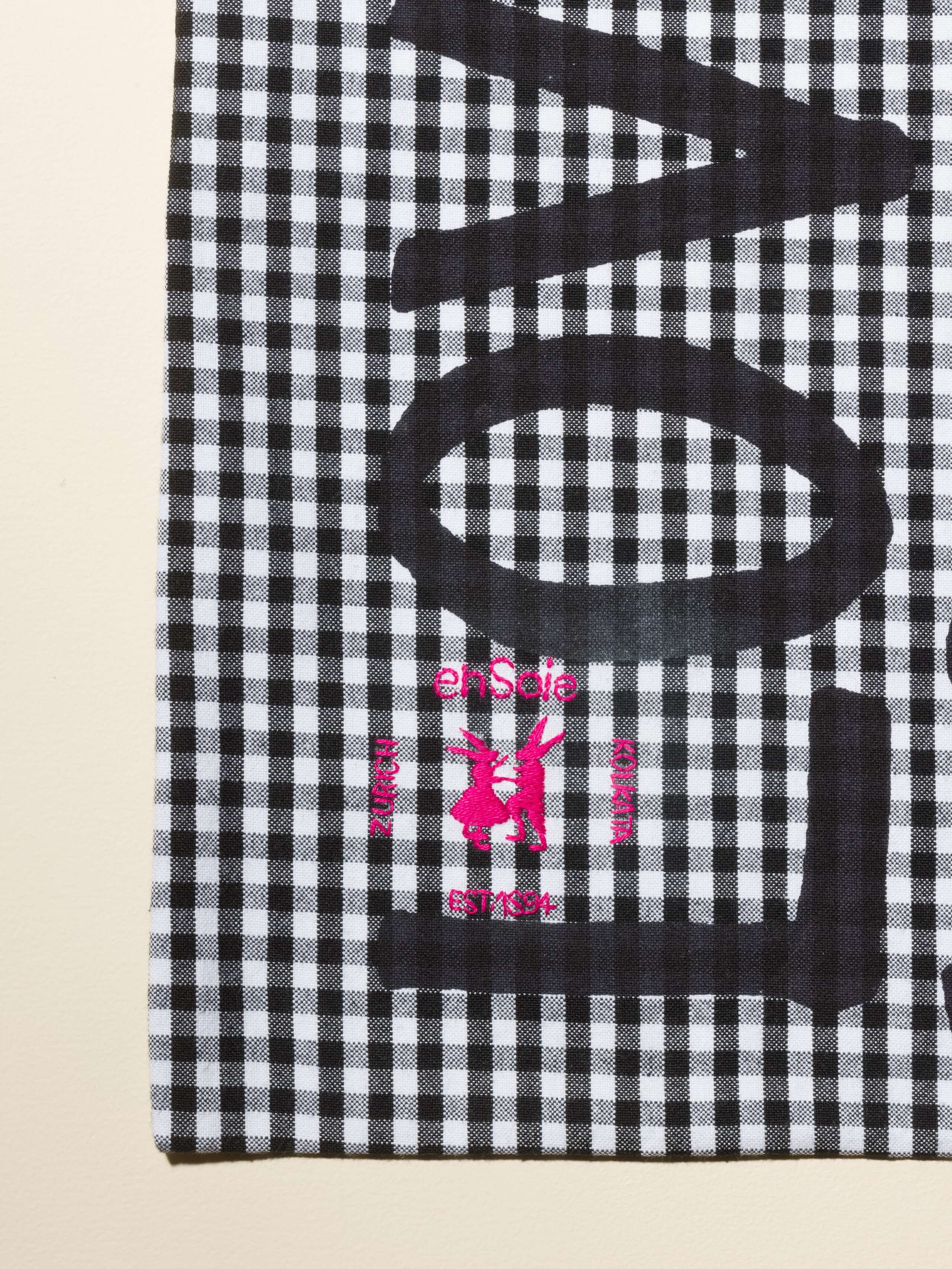 Carry all tote bag vichy hand-screenprinted with love rules forever and enSoie embroidery in contrasting colours Black vichy cotton fabric