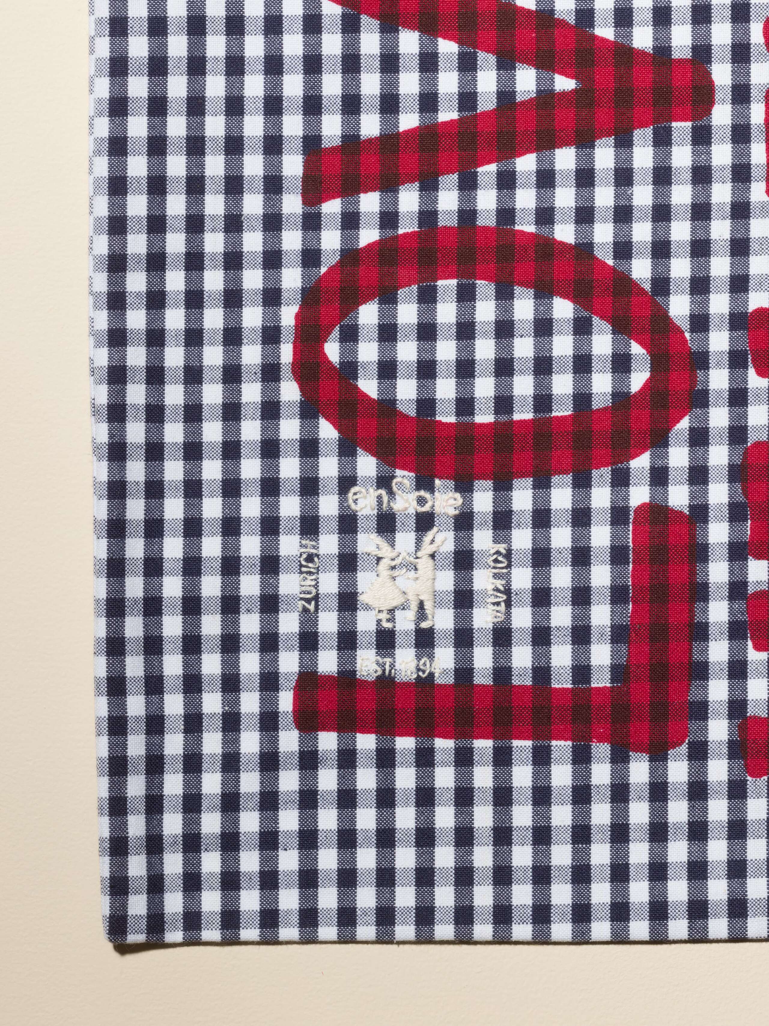 Carry all tote bag vichy hand-screenprinted with love rules forever and enSoie embroidery in contrasting colours Navy vichy cotton fabric