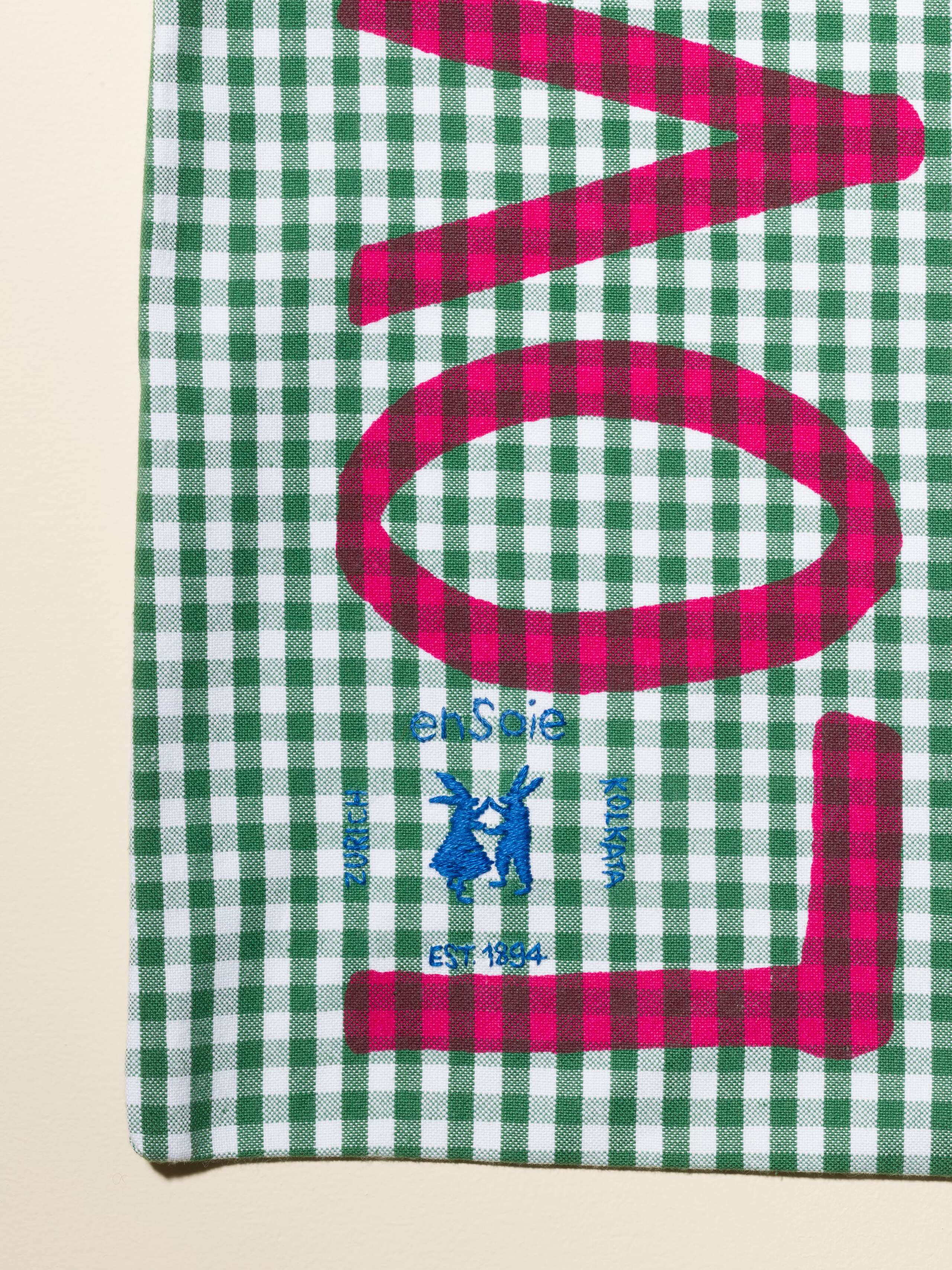 Carry all tote bag vichy hand-screenprinted with love rules forever and enSoie embroidery in contrasting colours Green vichy cotton fabric