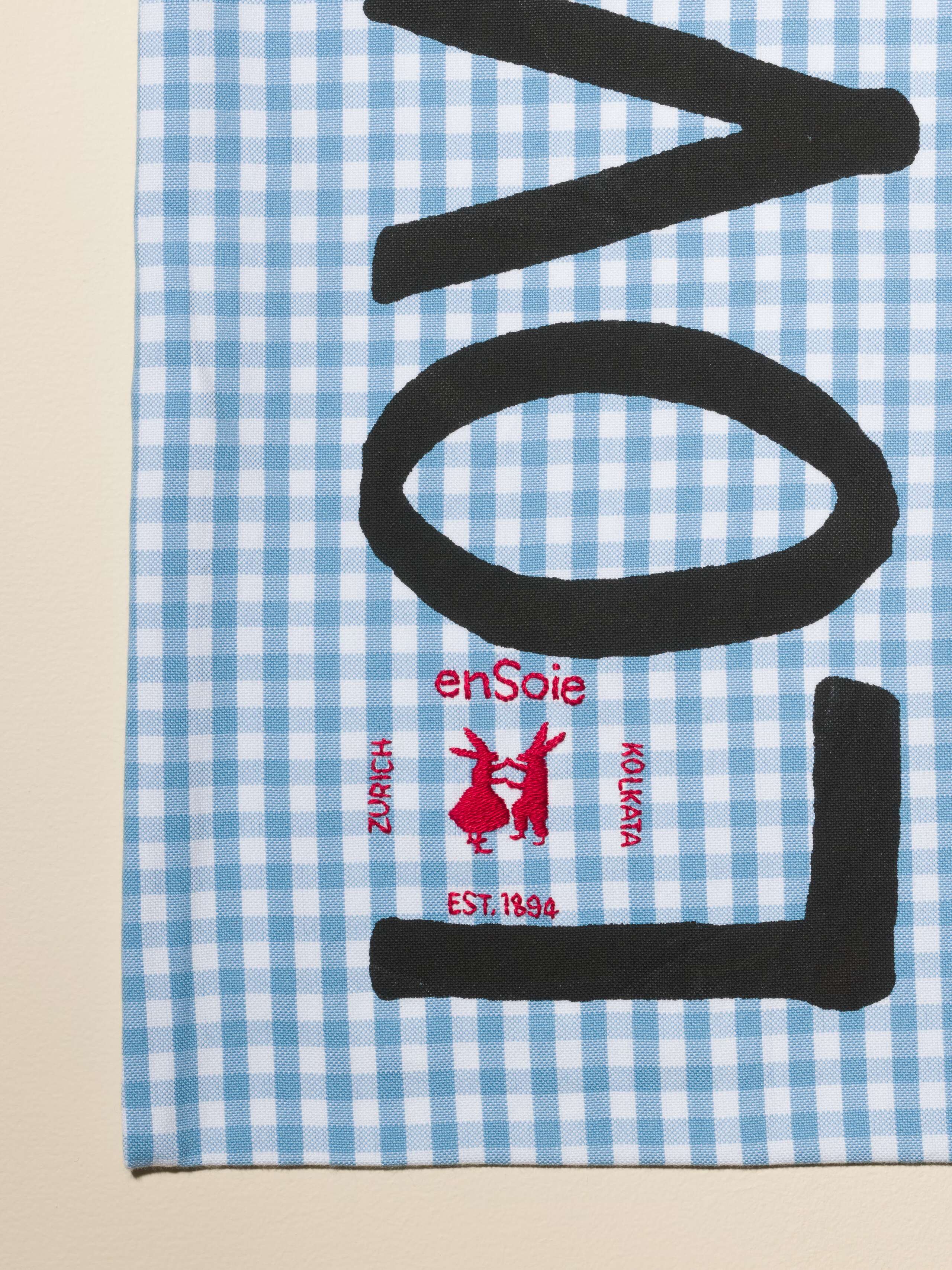 Carry all tote bag vichy hand-screenprinted with love rules forever and enSoie embroidery in contrasting colours light blue vichy cotton fabric