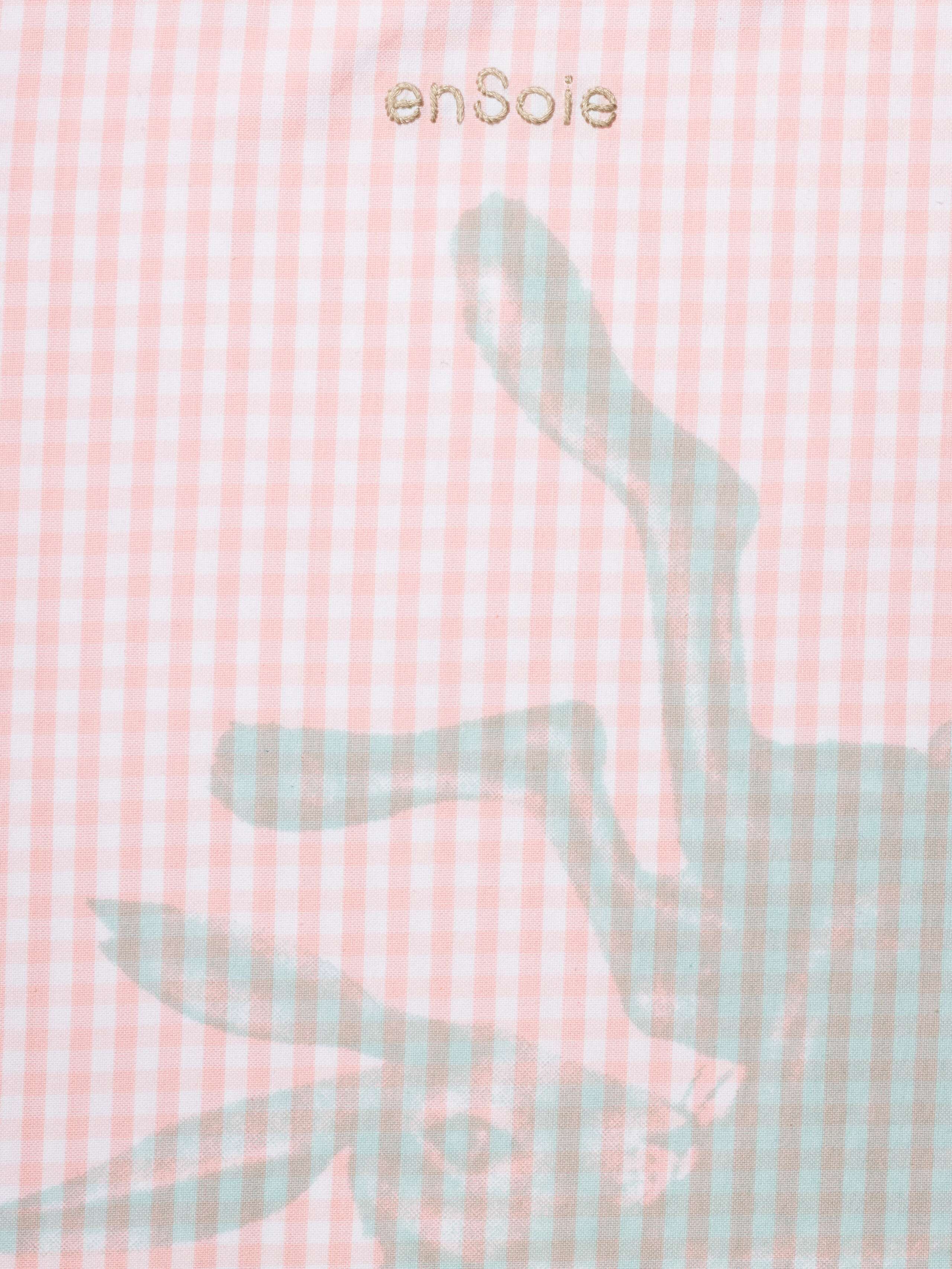 Carry all tote bag vichy hand-screenprinted with rabbit and enSoie embroidery in contrasting colours pink vichy cotton fabric
