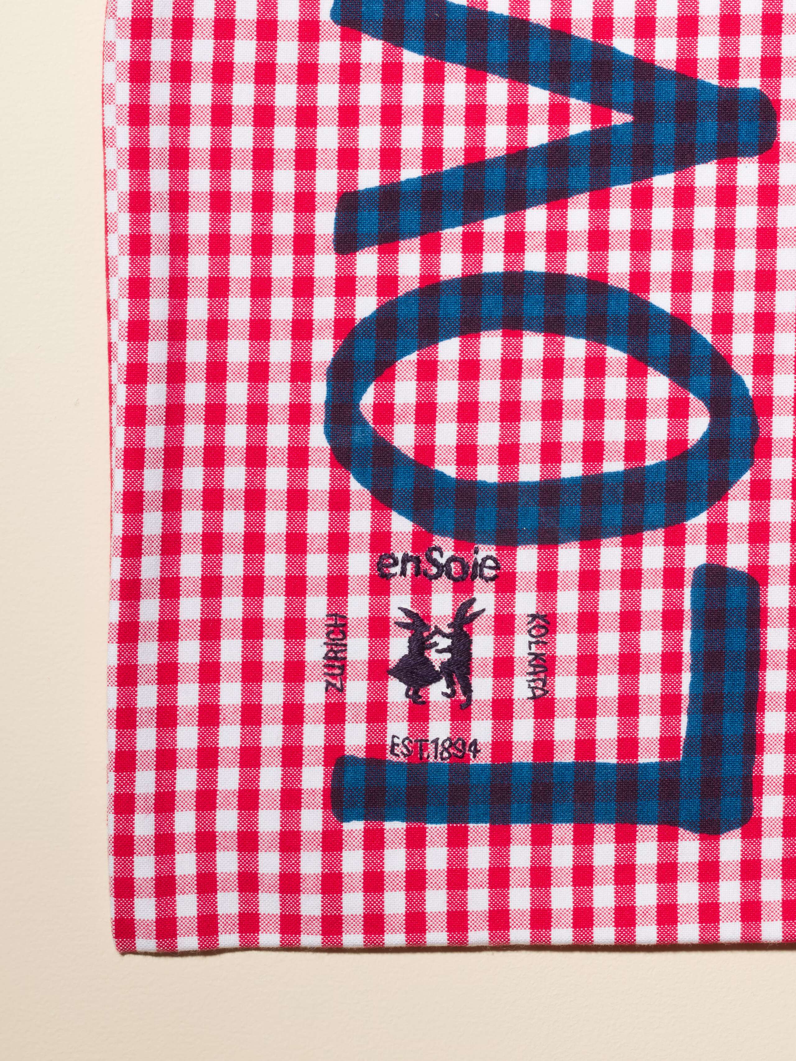 Carry all tote bag vichy hand-screenprinted with love rules forever and enSoie embroidery in contrasting colours red vichy cotton fabric