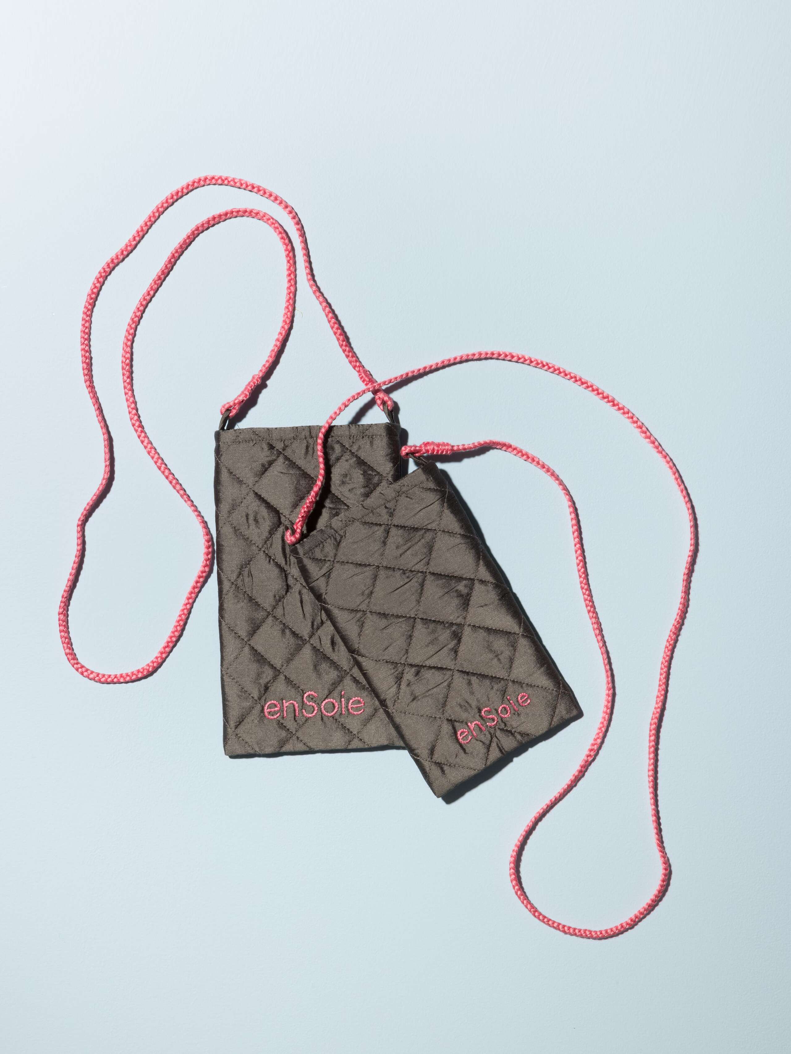 Silk phone bags in a warm grey with rose straps
