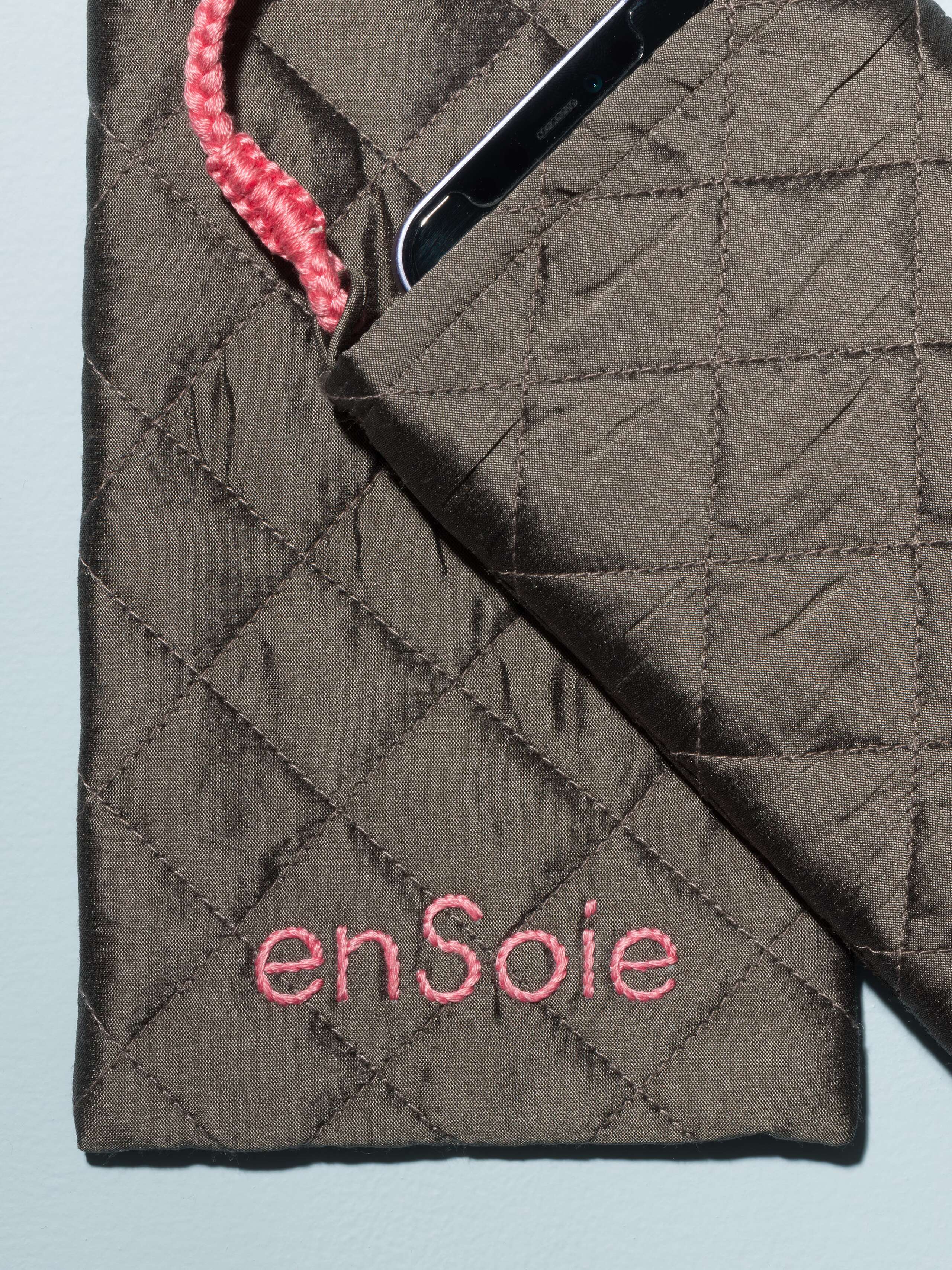 Silk phone bags in a warm grey with rose straps