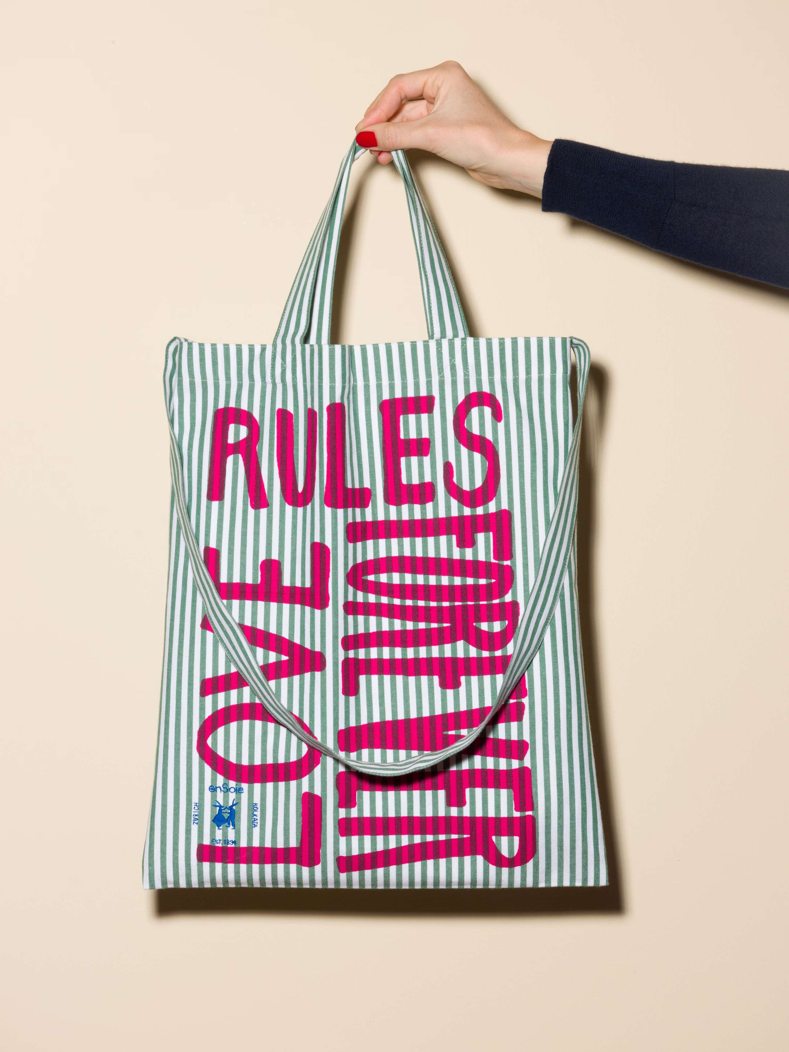 Carry all tote bag striped hand-screenprinted with love rules forever and enSoie embroidery in contrasting colours green striped cotton fabric