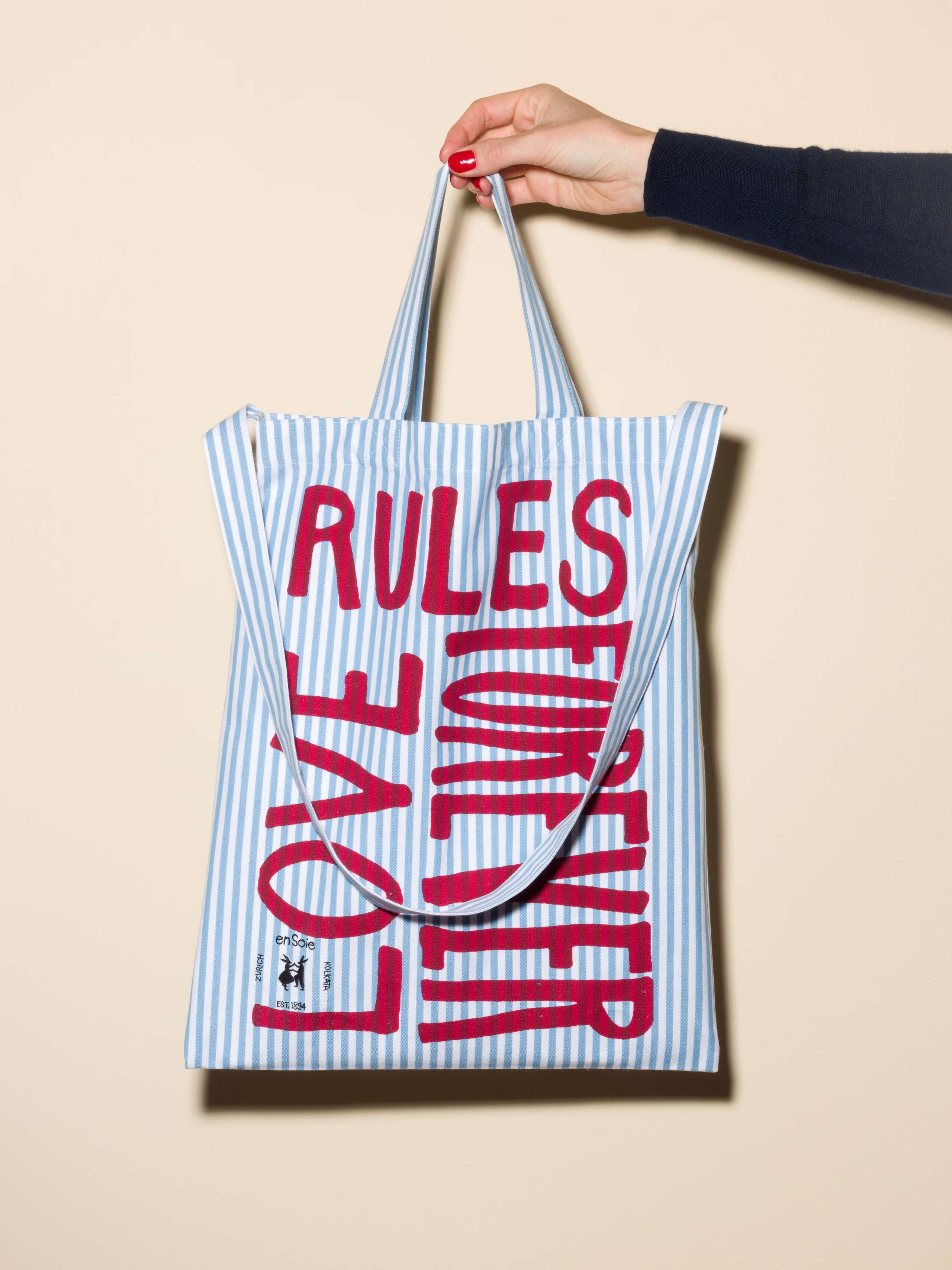 Carry all tote bag striped hand-screenprinted with love rules forever and enSoie embroidery in contrasting colours light blue striped cotton fabric