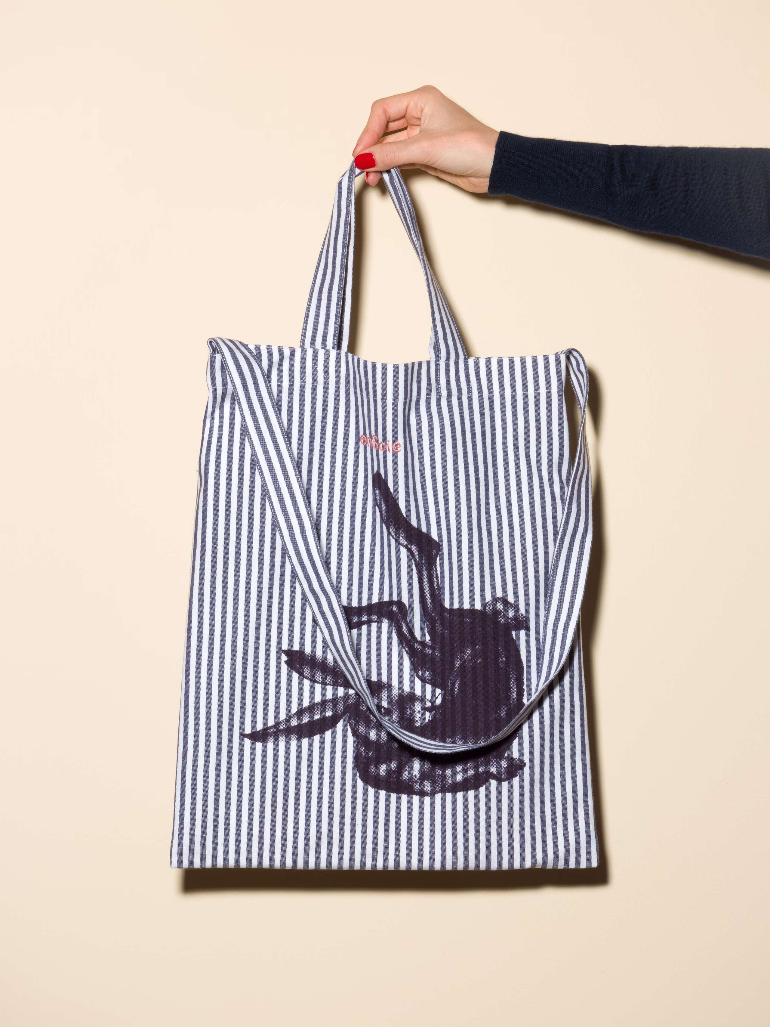 Carry all tote bag striped hand-screenprinted with rabbit and enSoie embroidery in contrasting colours navy striped cotton fabric