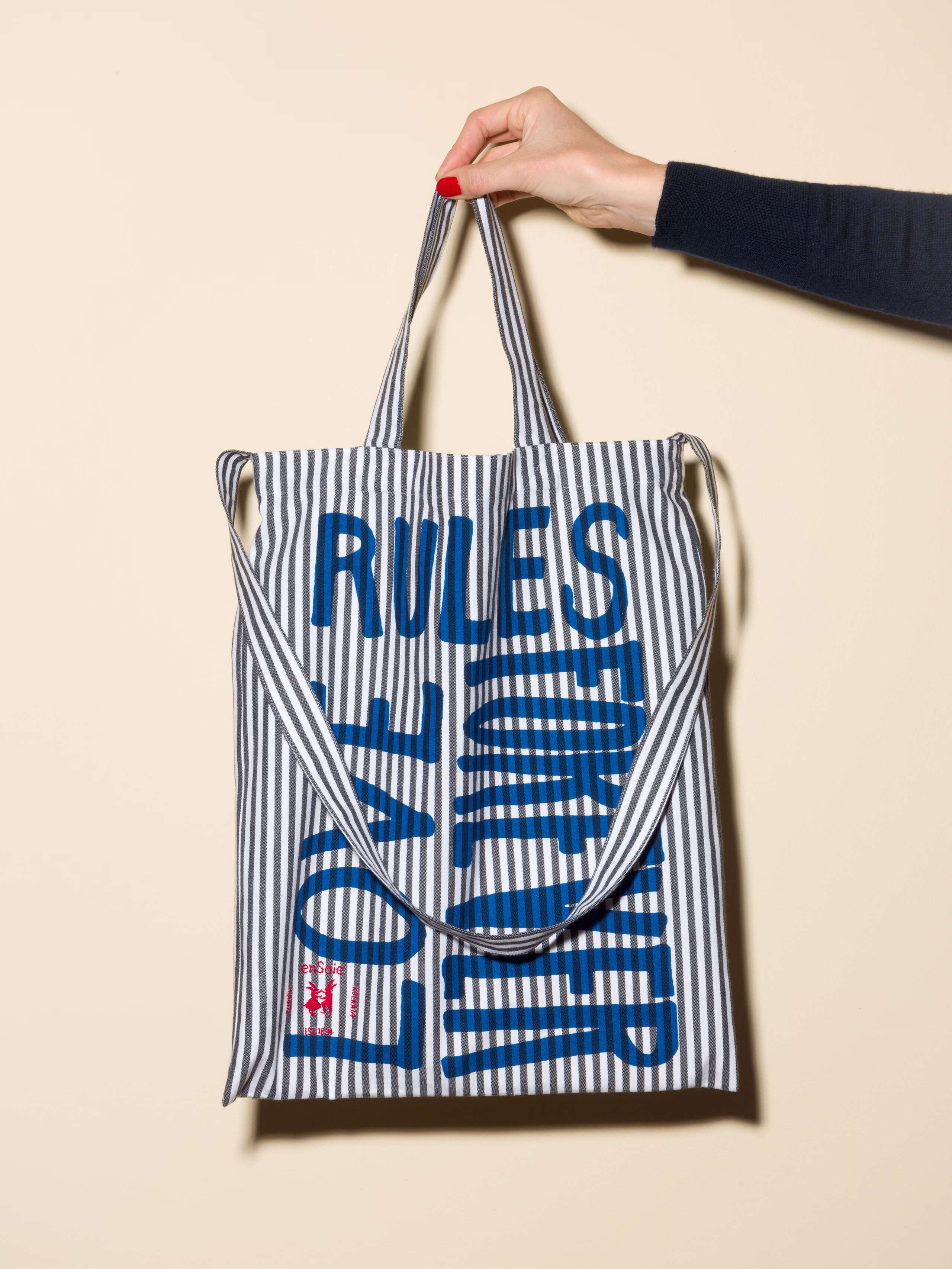 Carry all tote bag striped hand-screenprinted with love rules forever and enSoie embroidery in contrasting colours black striped cotton fabric