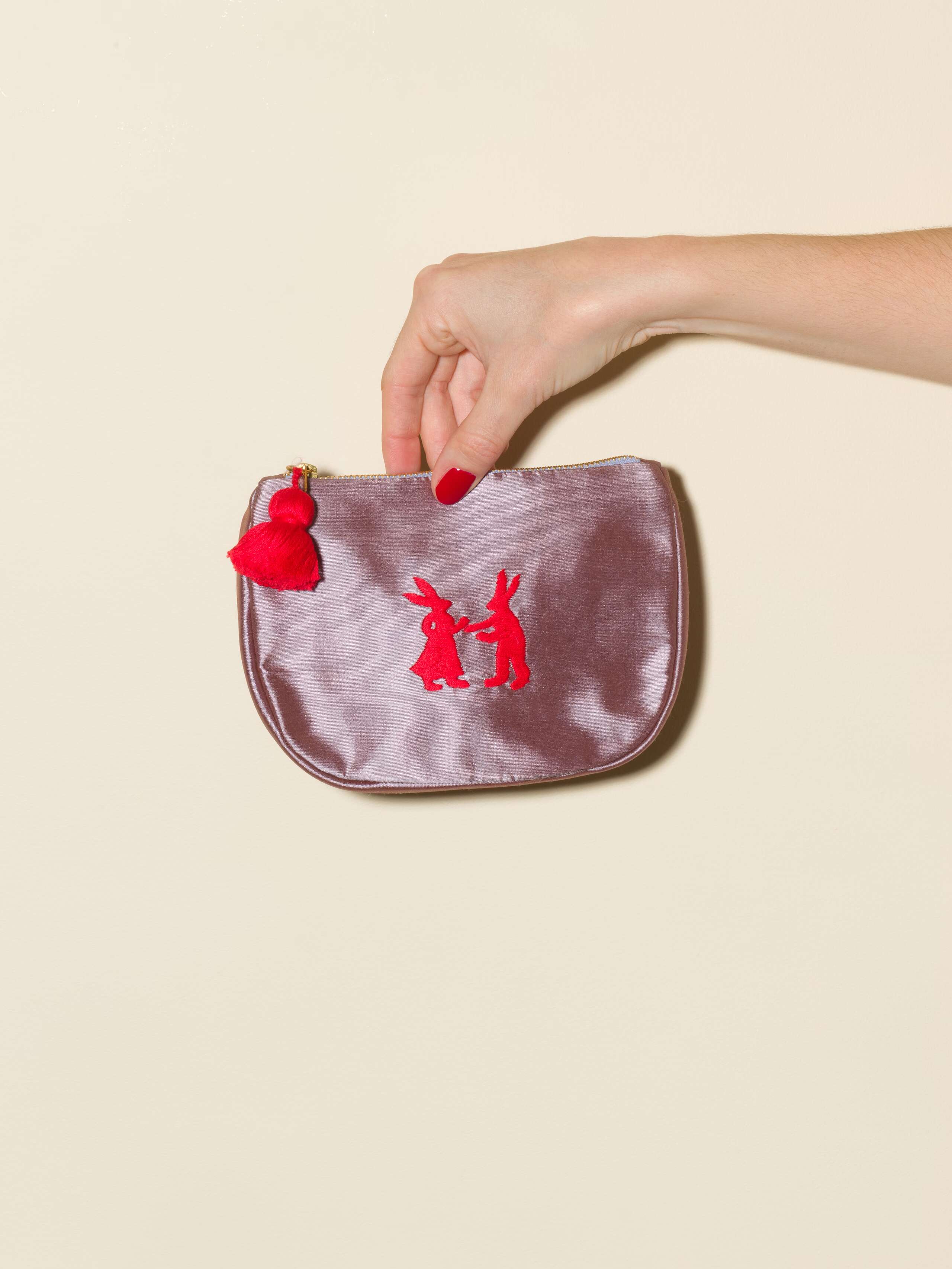 Stella bag doupion silk toiletry case clutch embroidered Lavender