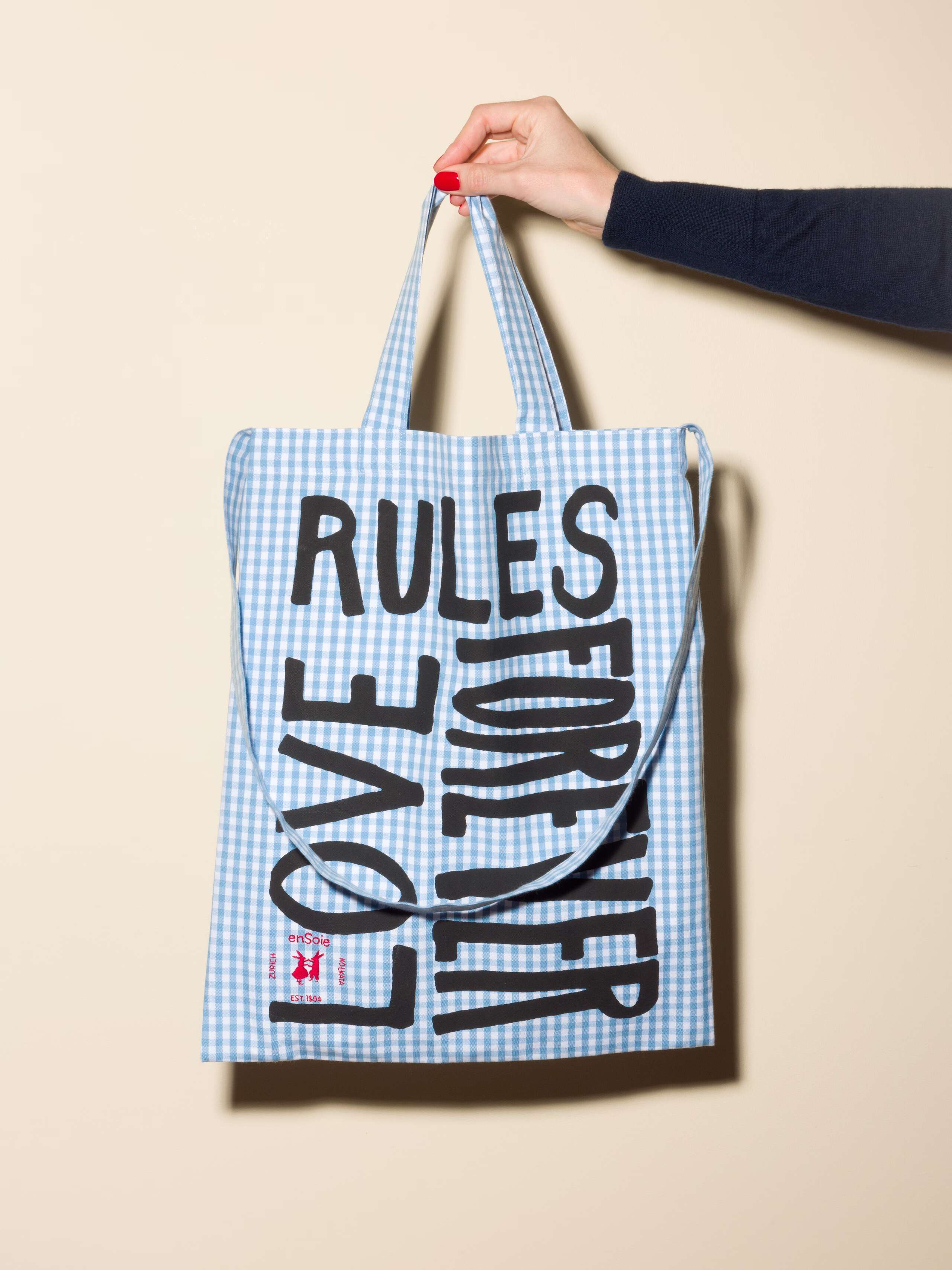 Carry all tote bag vichy hand-screenprinted with love rules forever and enSoie embroidery in contrasting colours light blue vichy cotton fabric