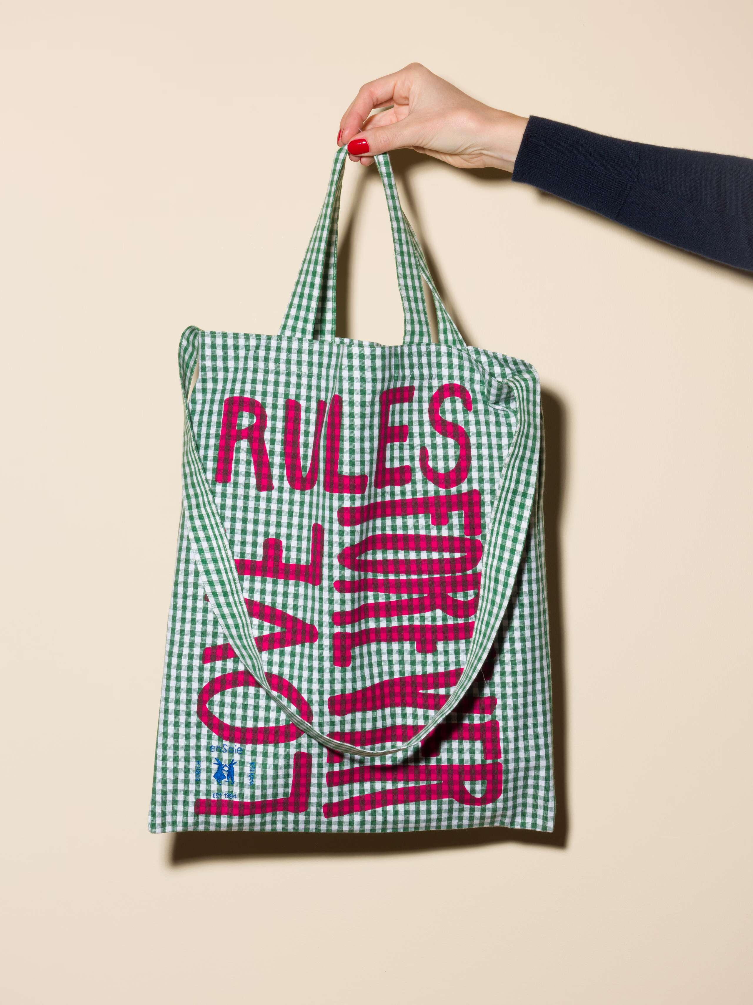 Carry all tote bag vichy hand-screenprinted with love rules forever and enSoie embroidery in contrasting colours green vichy cotton fabric