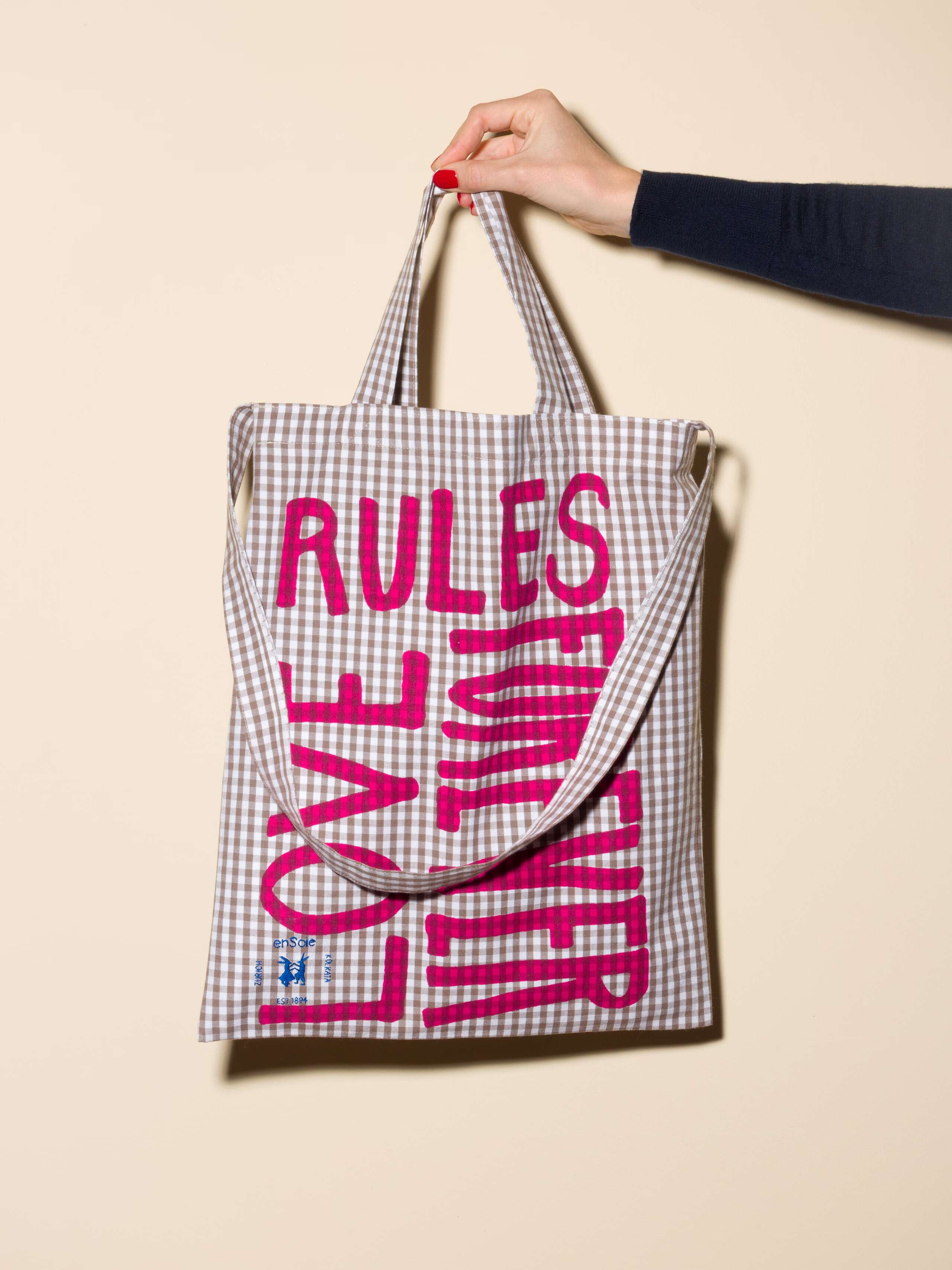 Carry all tote bag vichy hand-screenprinted with love rules forever and enSoie embroidery in contrasting colours moon rock beige vichy cotton fabric