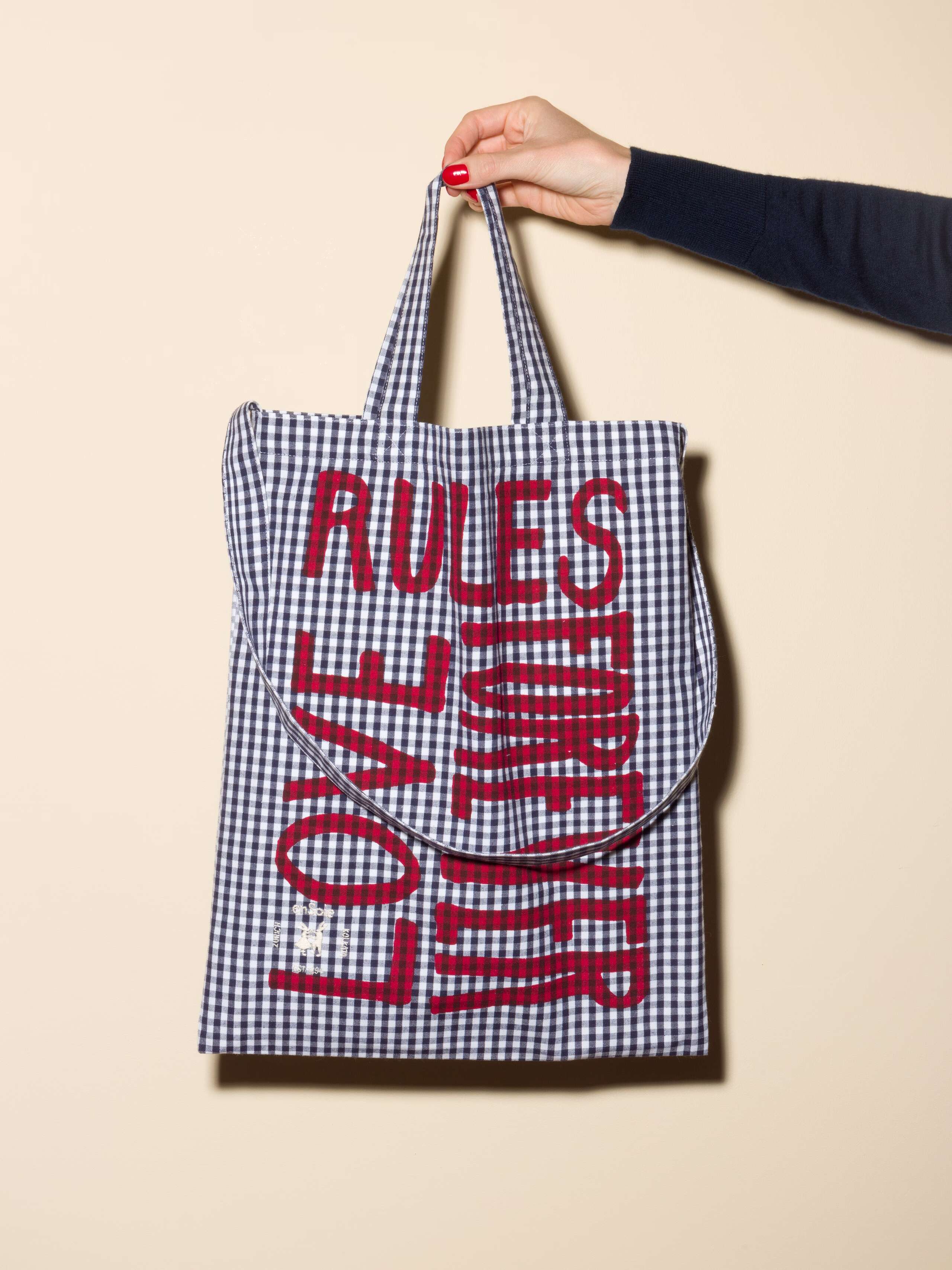 Carry all tote bag vichy hand-screenprinted with love rules forever and enSoie embroidery in contrasting colours Navy vichy cotton fabric