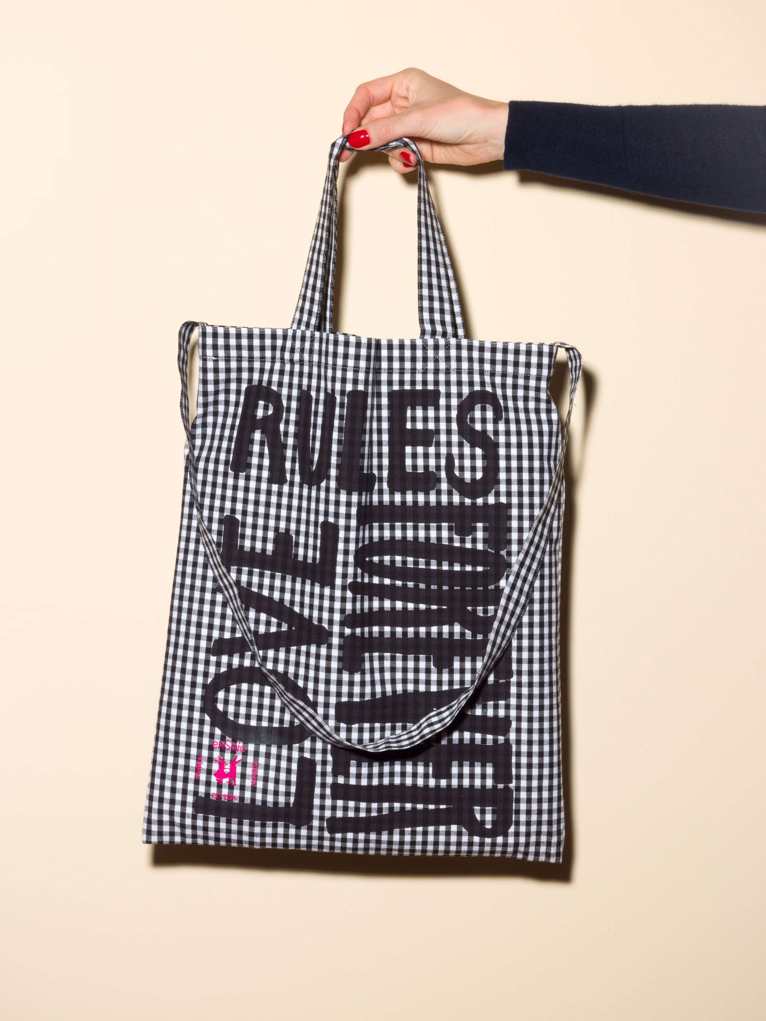 Carry all tote bag vichy hand-screenprinted with love rules forever and enSoie embroidery in contrasting colours black vichy cotton fabric