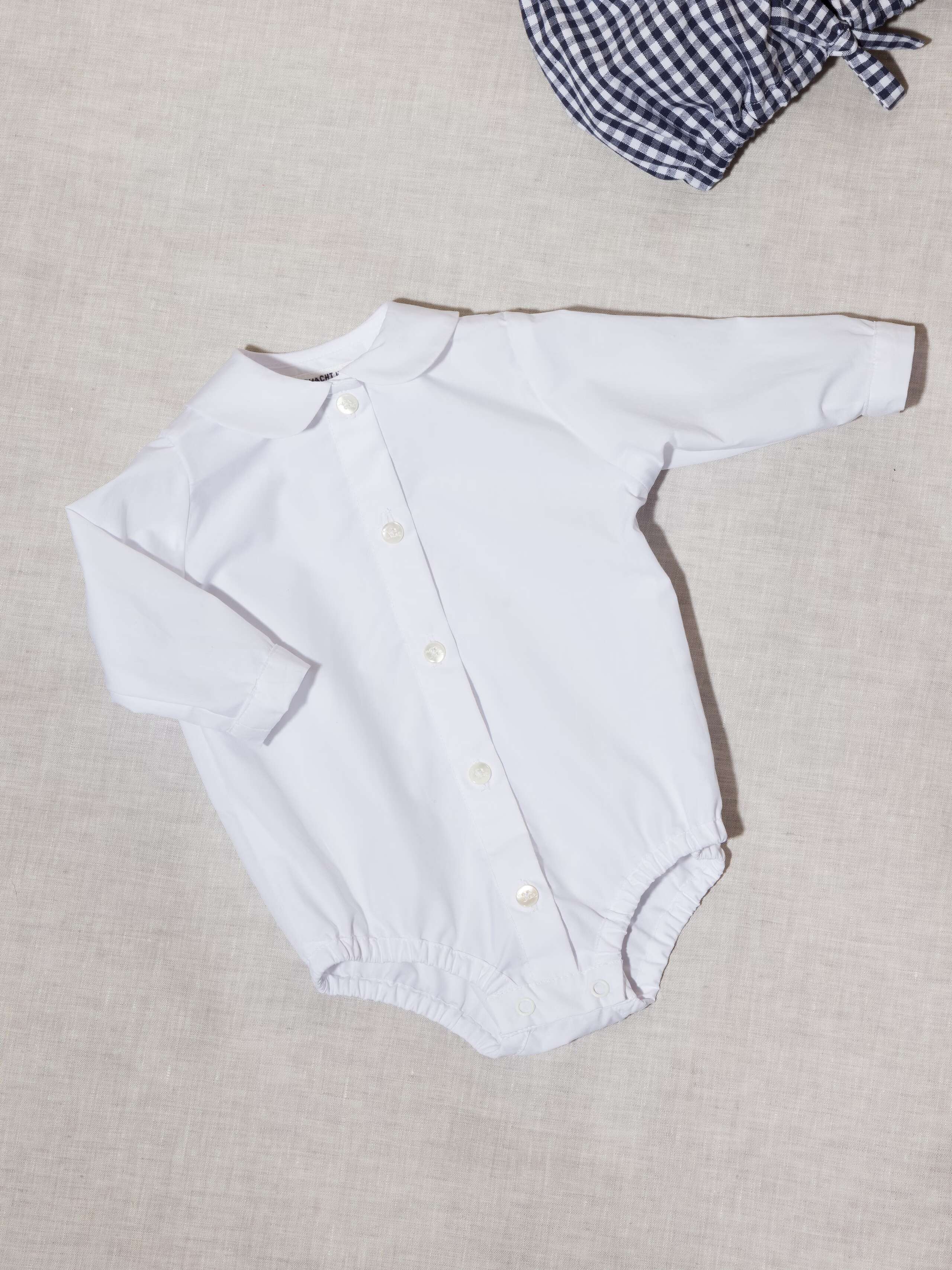 Festive, white poplin cotton baby body with collar handmade in Zurich