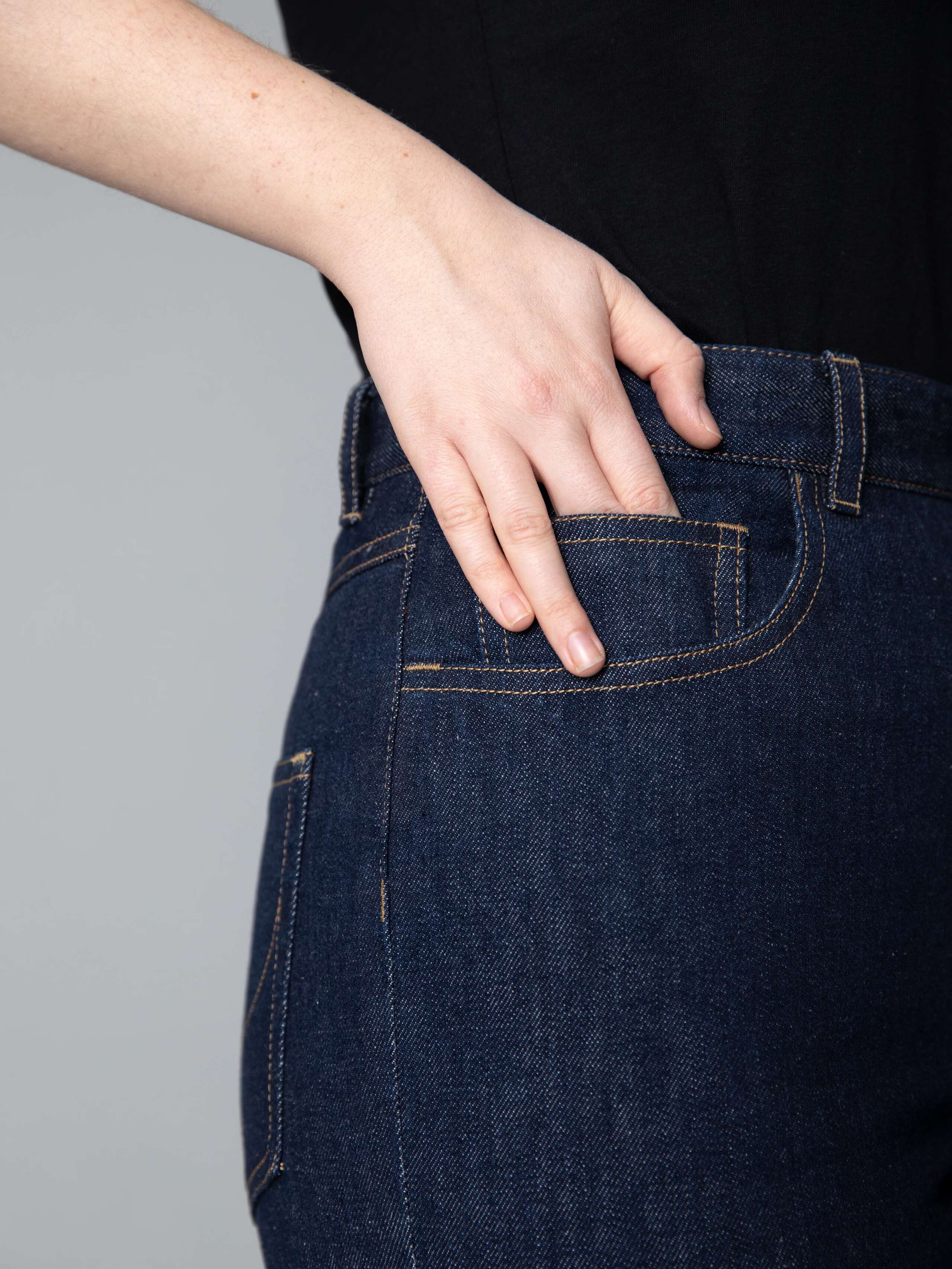 Details of a beautiful straight leg high waist jeans in indigo blue